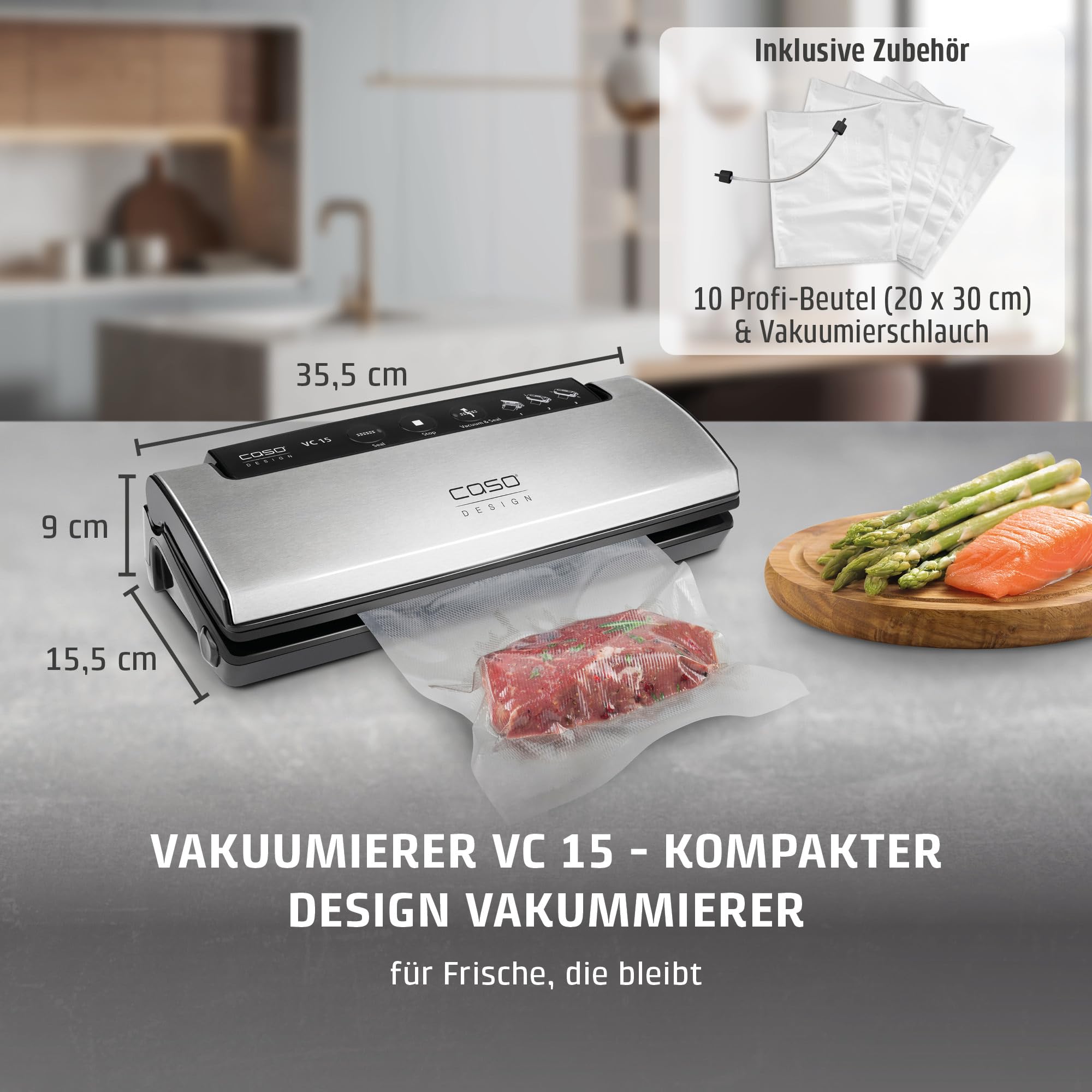 CASO VC15 Vakuumierer – Vakuumgerät, Testurteil Sehr Gut, 8x länger frisch, Schweißfunktion, inkl. 10 Folienbeutel
