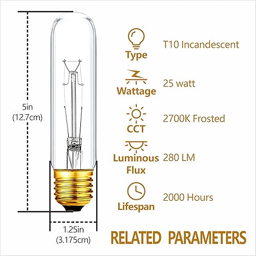 Miniatura 2 de Bombilla incandescente tubular transparente T10, 25 vatios, 2700 K, blanco suave, 280 lúmenes, base media E26, lámpara de escaparate. (4)