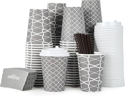 JOLLY PARTY [100 juegos] Tazas de café de papel de 12 onzas, tazas de café desechables con tapas, fundas y pajitas, taza para beber bebidas frías