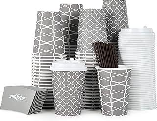 JOLLY PARTY [100 Sets] 12 oz Paper Coffee Cups, Disposable Coffee Cups with Lids, Sleeves and Straws, Hot Cold Beverage Drinking Cup for Water, Coffee or Tea, To-Go Cup Suitable for Office and Travel - Buy now