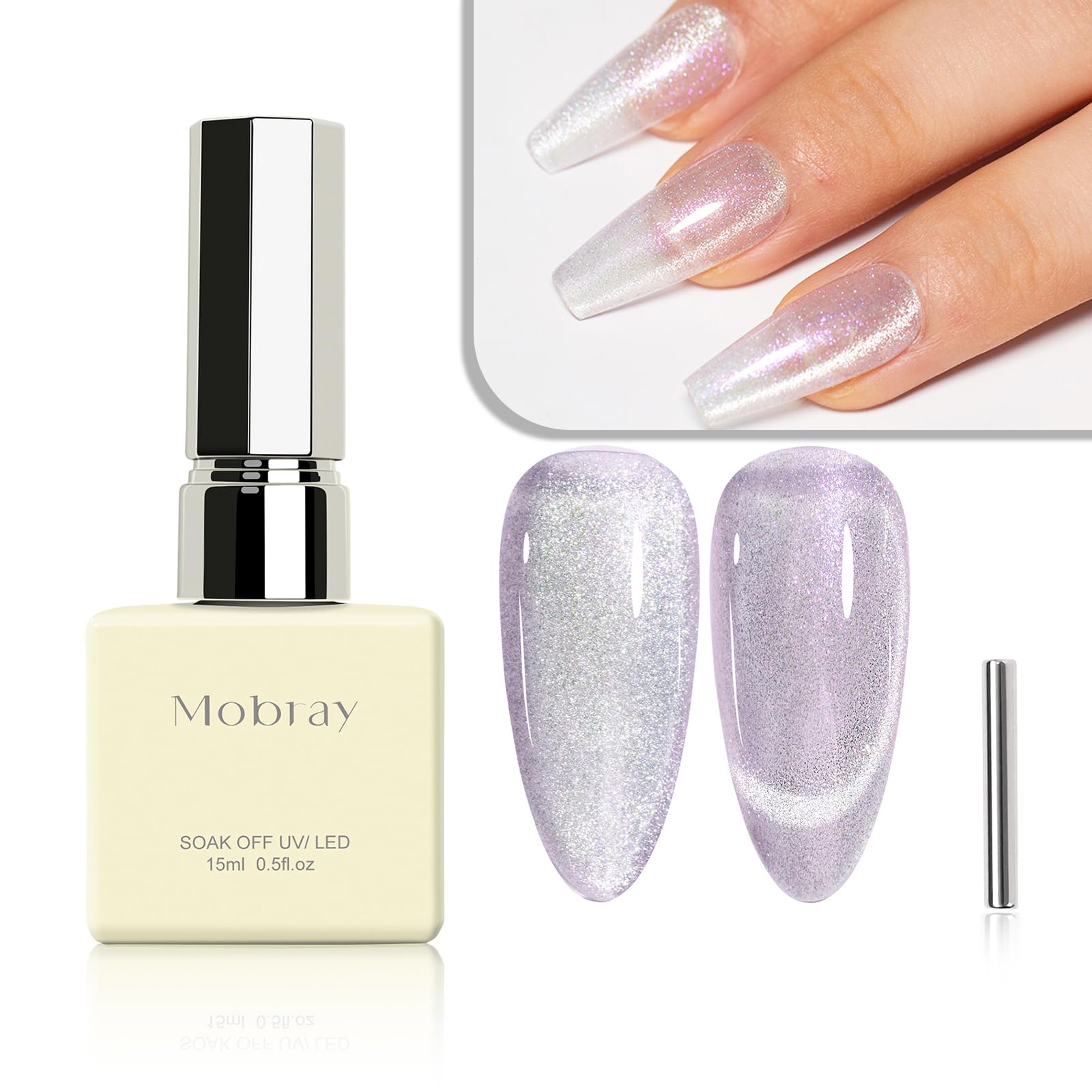 Mobray Gel Nail Polish, Purple Glitter Cat Eye Gel Polish 15ml UV Moonlight Cats Eye Nail Polish Gel with Magnet, Long Lasting Magnetic Cateye Translucent Nail Gel for Women Nart Art Design, EY43