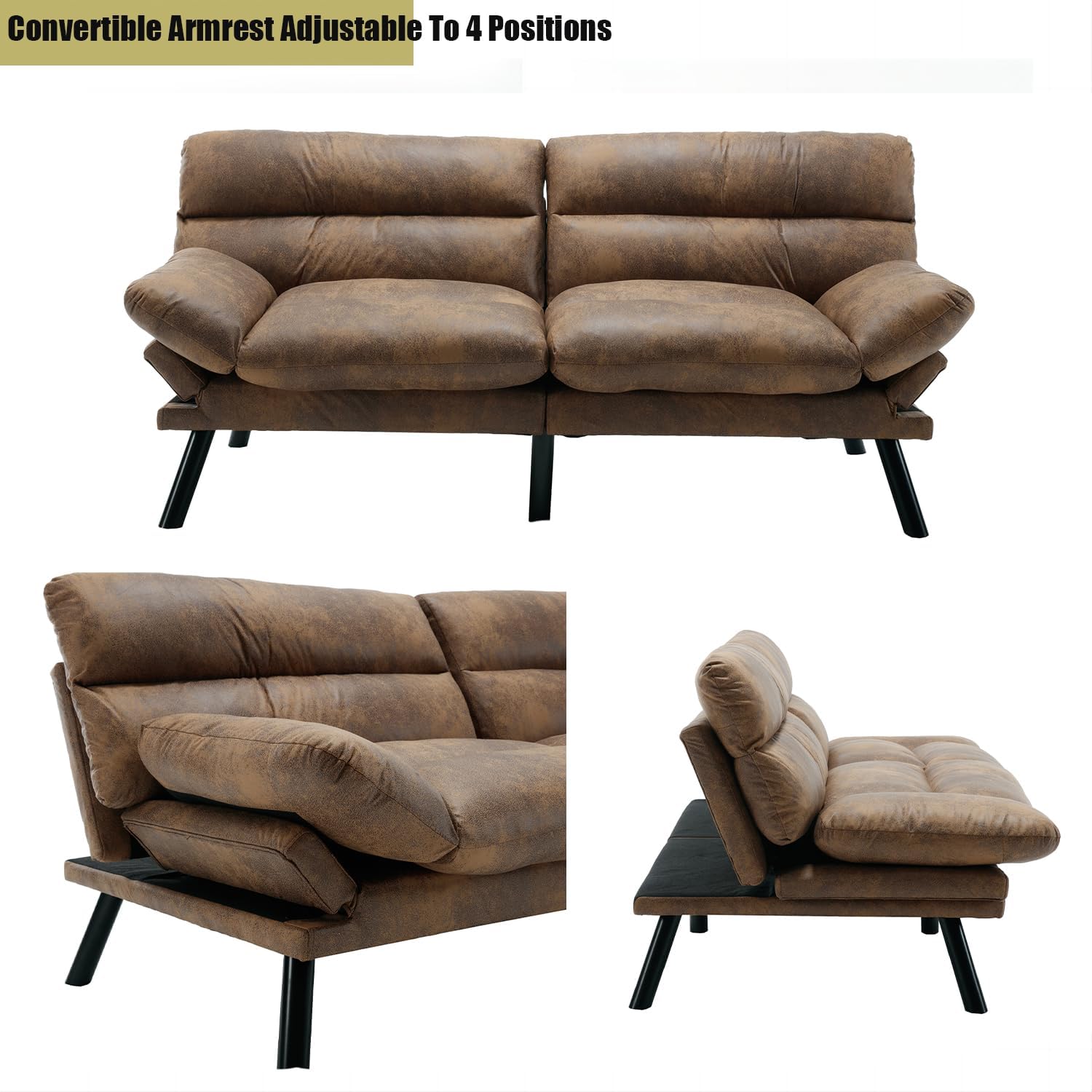 70" Modern Microsuede Convertible Folding Futon Couch Sofa Bed Adjustable Pillow Top Arm Memory Foam Couch Double Loveseat Sofa for Compact Living Space,Dorm,Game Studio,Apartment,Bedroom (Coffee)