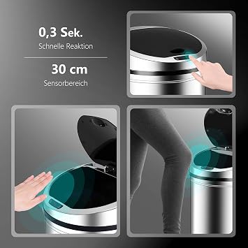 Ribelli Stainless Steel Bin with Sensor Automatic Opening and Close Clamp Ring for Bin Liners Removable Lid with LED Function Indicator