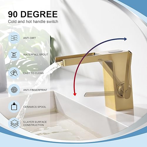 Miniatura 4 de Grifo del lavabo del baño, pantalla de temperatura LED, energía hidráulica dorada cepillada, grifo de latón de una sola manija sin plomo comercial