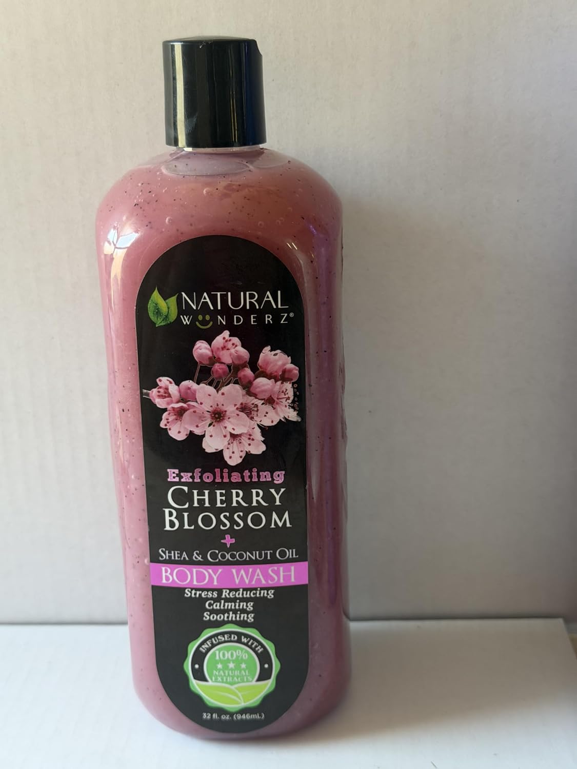Natural Wonderz Exfoliating Cherry Blossom Body Wash with Shea and Coconut Oil, Stress Reducing, Calming, Soothing, 32 Fl Oz