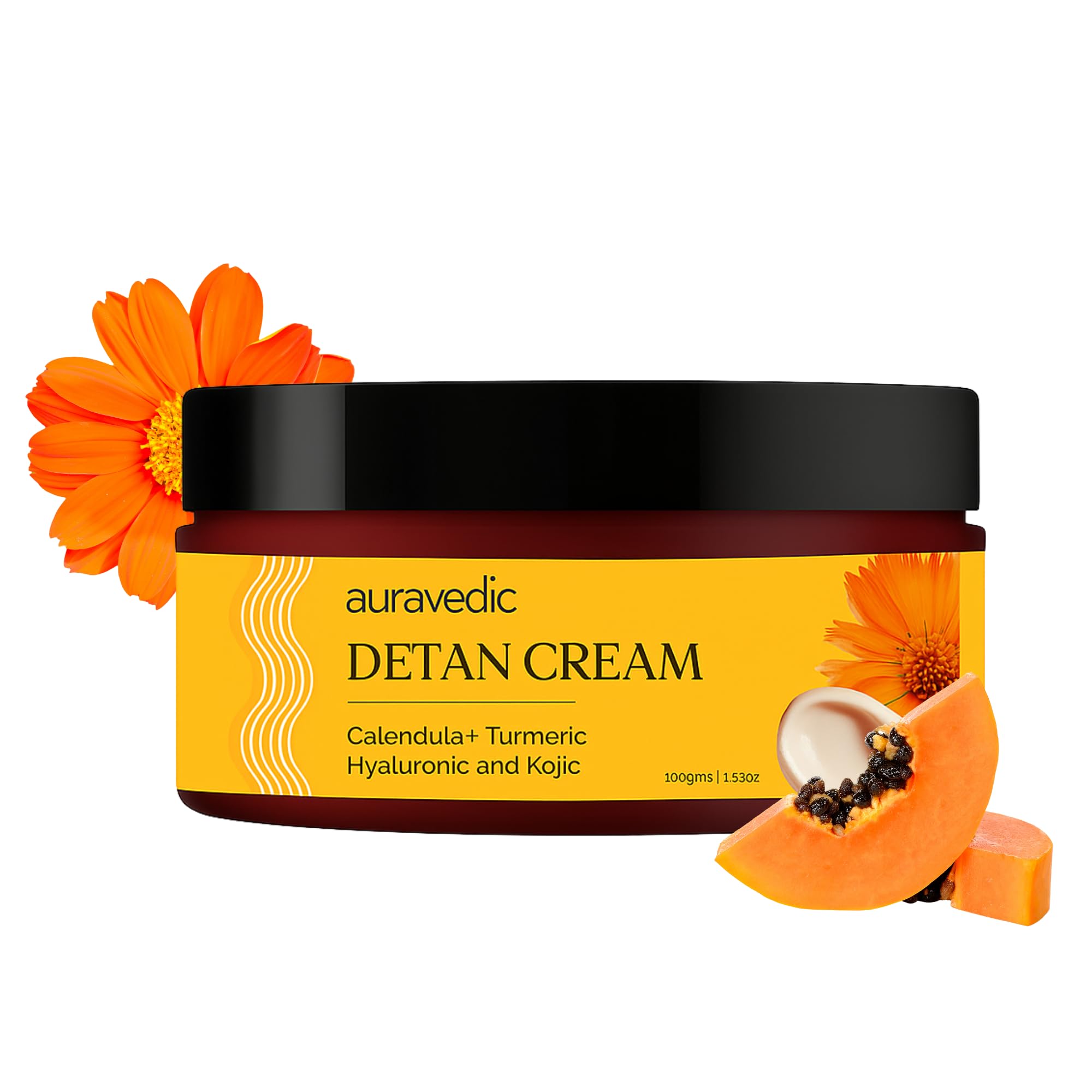 Auravedic Detan Cream for Tan Removal with Vitamin E Vitamin C Turmeric De Tan Cream for Suntan Removal 100g with Hyaluronic acid Alpha-Arbutin After Sun Niacinamide moisturizer for Women Men