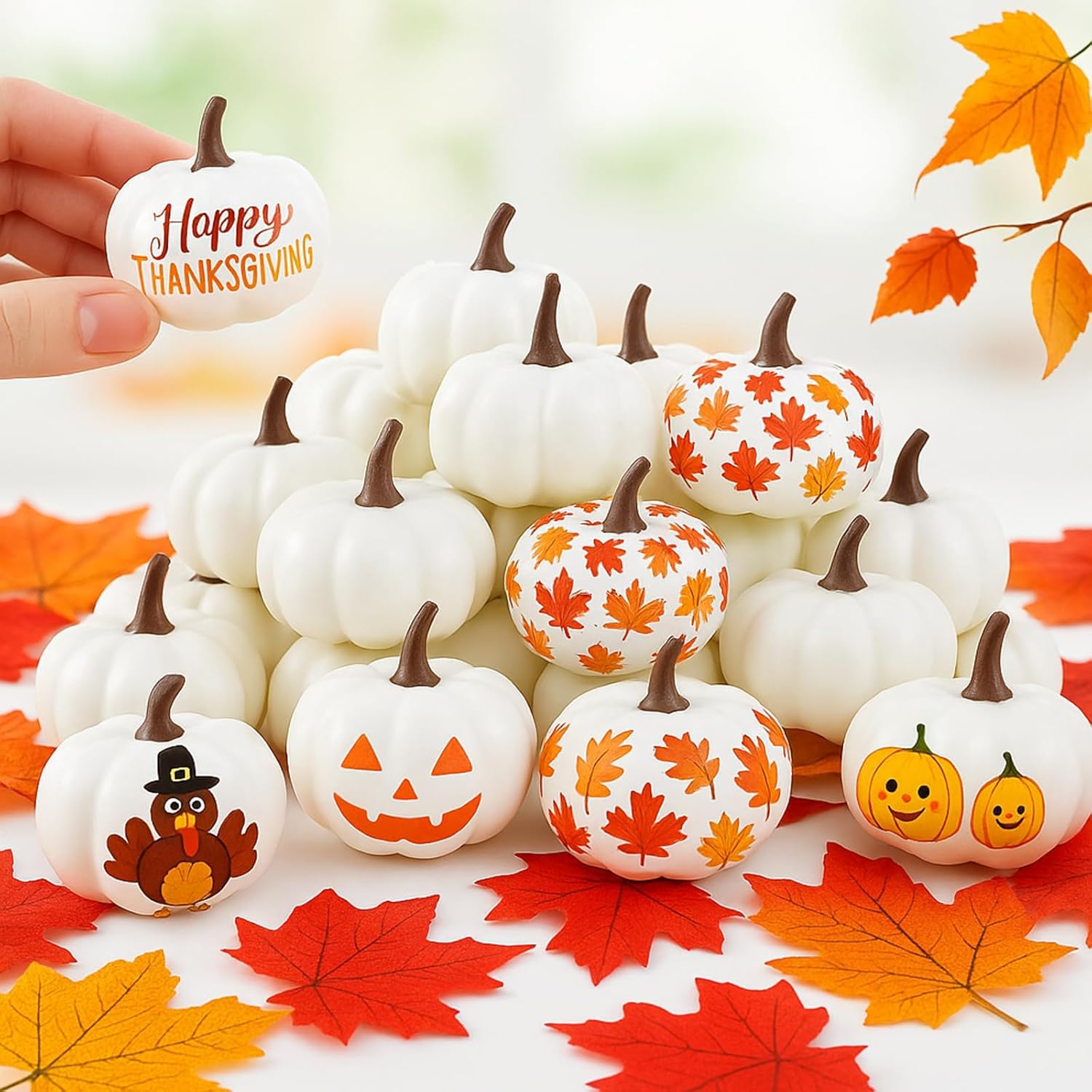 Sintuff 160 Pcs Mini White Fake Pumpkins for Fall Thanksgiving DIY Crafts with Fake Leaves, Including 100 Small Foam Artificial Pumpkin 60 Maple Leaves, Rustic Farmhouse Harvest Autumn Decor