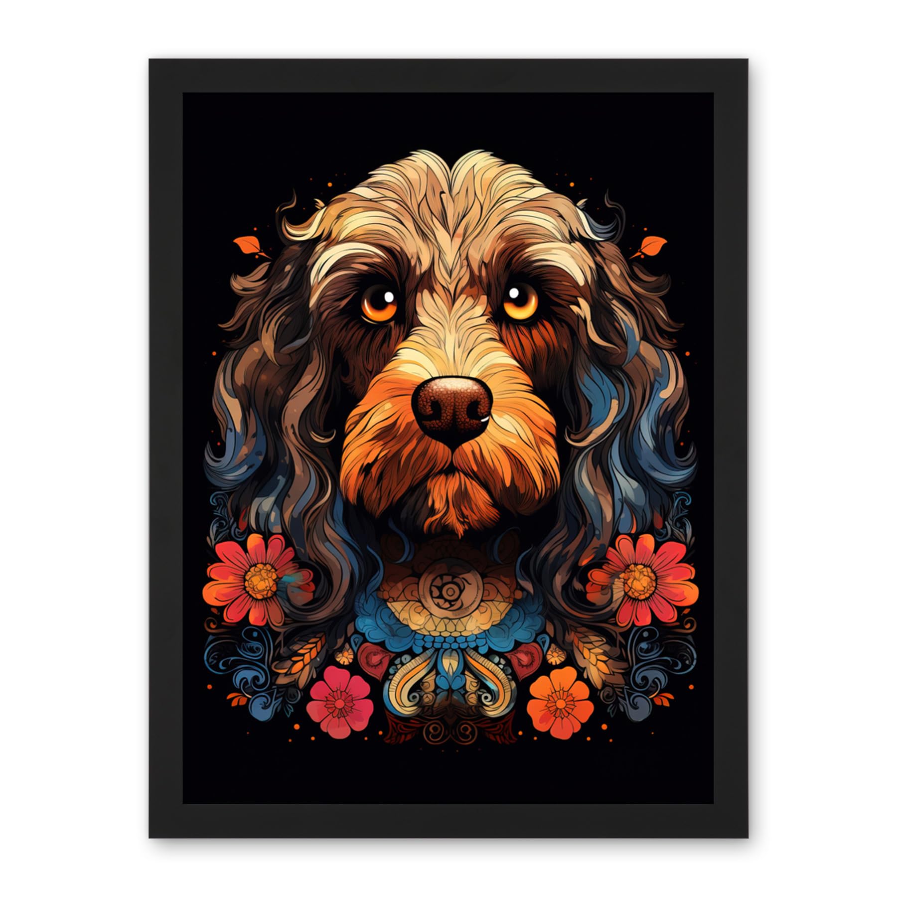 Artery8 Cockapoo Dog with Ornate Collar and Flowers Symmetrical Floral Artwork Orange Pink Blue Tribal Design on Black Artwork Framed Wall Art Print 18X24 Inch