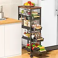 SUNALLY Slim Storage Cart with Pull-Out Baskets, 5-Tier Rolling Kitchen Cart with Wooden Top & Lockable Wheels, Narrow Space Utility Cart Organizer for Kitchen, Bathroom, Laundry Room, Black