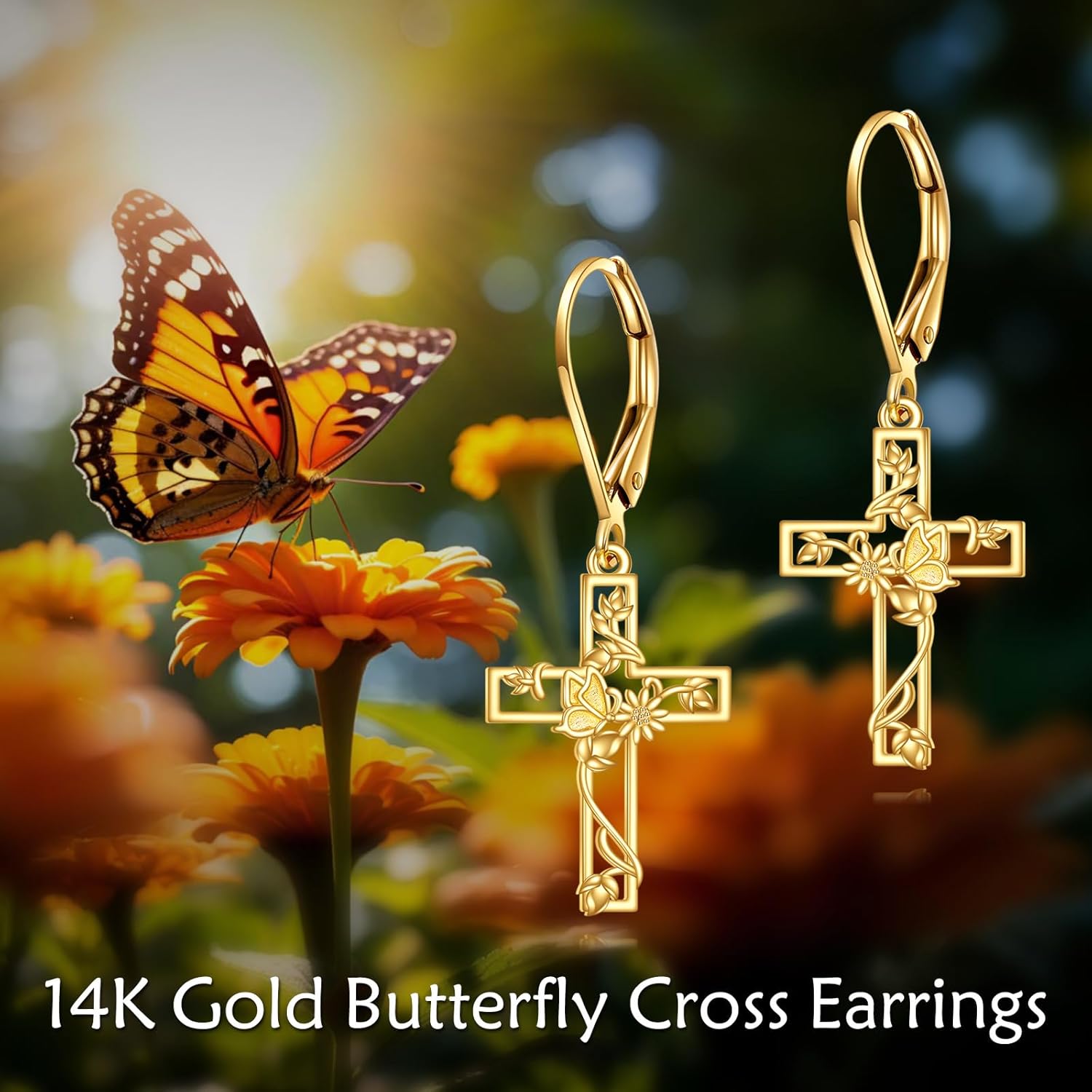 KECHO 14K Solid Gold Cross Earrings Leverback Dangle Drop Earrings 14K Real Gold Jewelry Religious Gift for Women - Image 5