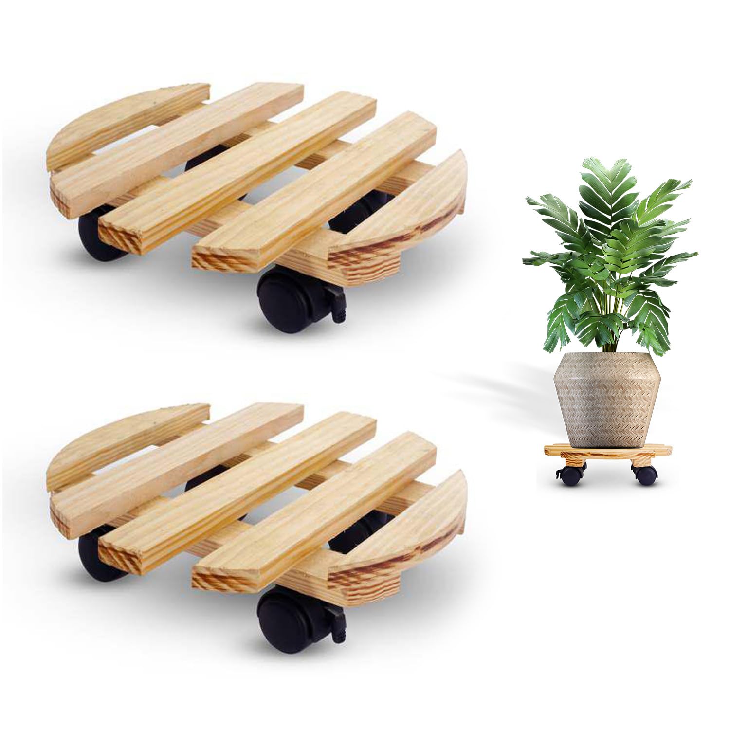 Sharpex Pack of 2 Wooden Trolley for Plants, Flower Pots | Heavy Duty Rolling Plant Stand with Locking Wheels | Round Plant Roller Base for Indoor Patio Outdoor Potted Planter (Beige) (B07XLRX3D7) Amazon Price History, Amazon Price Tracker