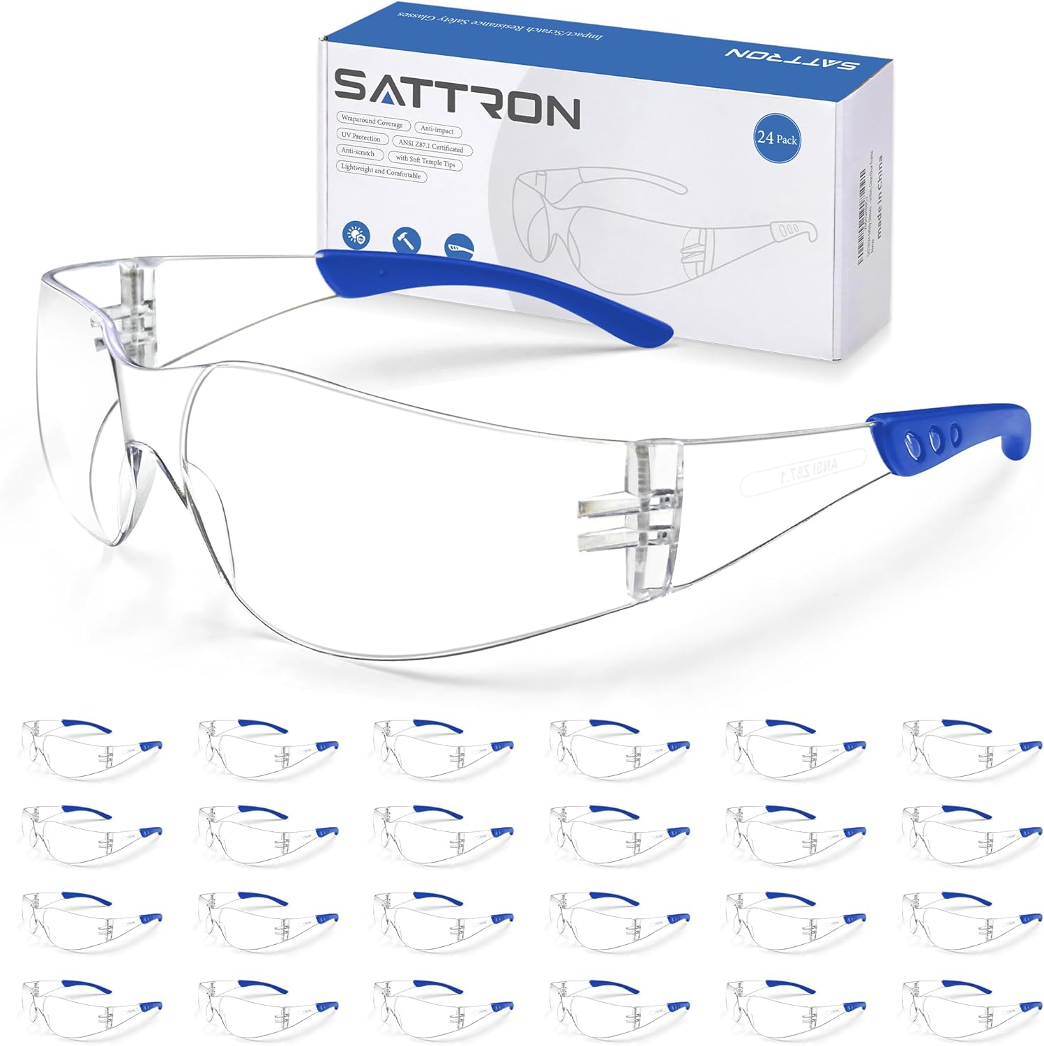Clear Safety Glasses 24 Pack, Polycarbonate Lens with Rubber Temples, Safety Goggles Anti-Scratch Impact Resistant, Eye Protection for Work Lab Construction, Clear Lens/Blue Frame