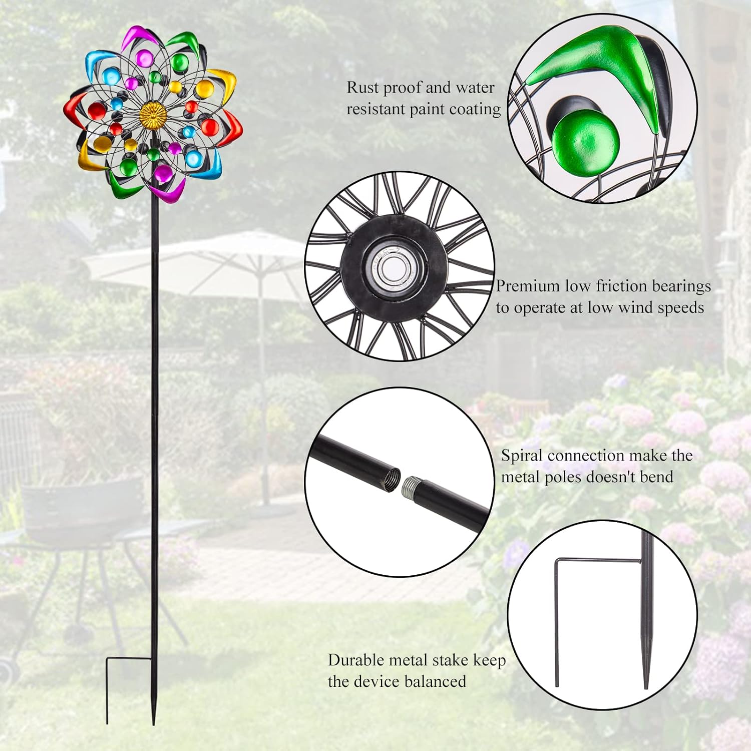 Viveta Kinetic Wind Spinner, 59 inch Outdoor Metal Windmills for Yard Garden, Double Wind Sculpture with Stable Stake, Multi-Color