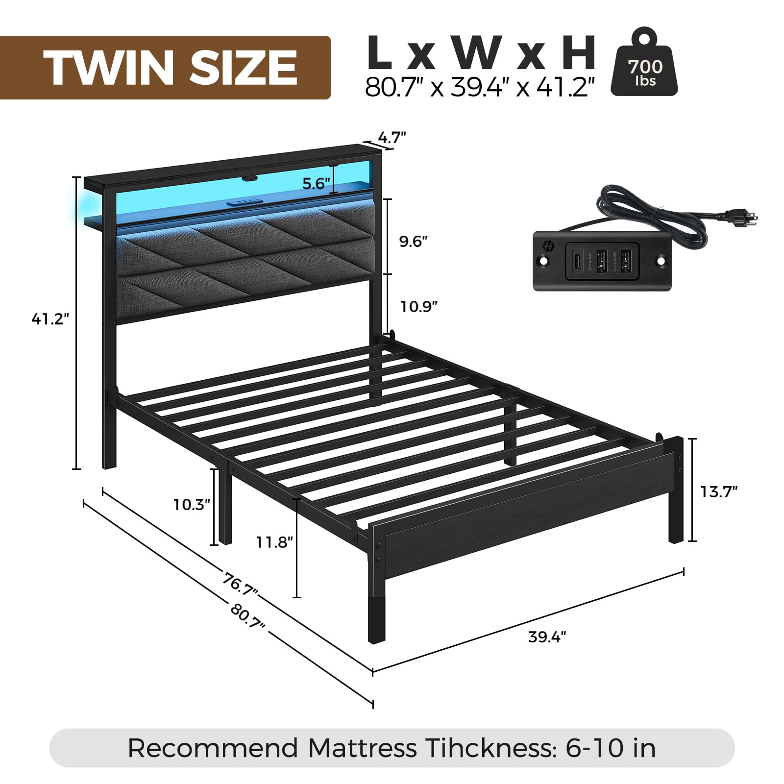 Condition photo showing As Is for seventable twin bed frame with charging station & led lights, upholstered headboard with 2-tier storage shelves, metal platform with under bed storage, no box spring needed, easy assembly, dark grey