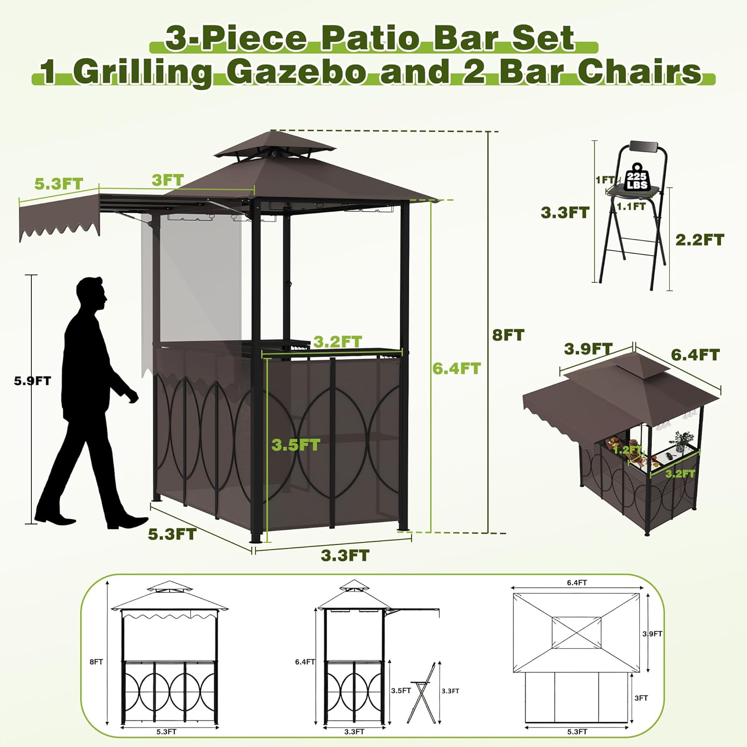 TITIMO 3-Piece Outdoor Bar Set, Grill Gazebo with Double-Tier Awning, 6.4'x 6.9' Outdoor BBQ Canopy with Bar Table, 2 Foldable Chairs, Storage Shelves and Glass Holders for Patio Poolside Garden