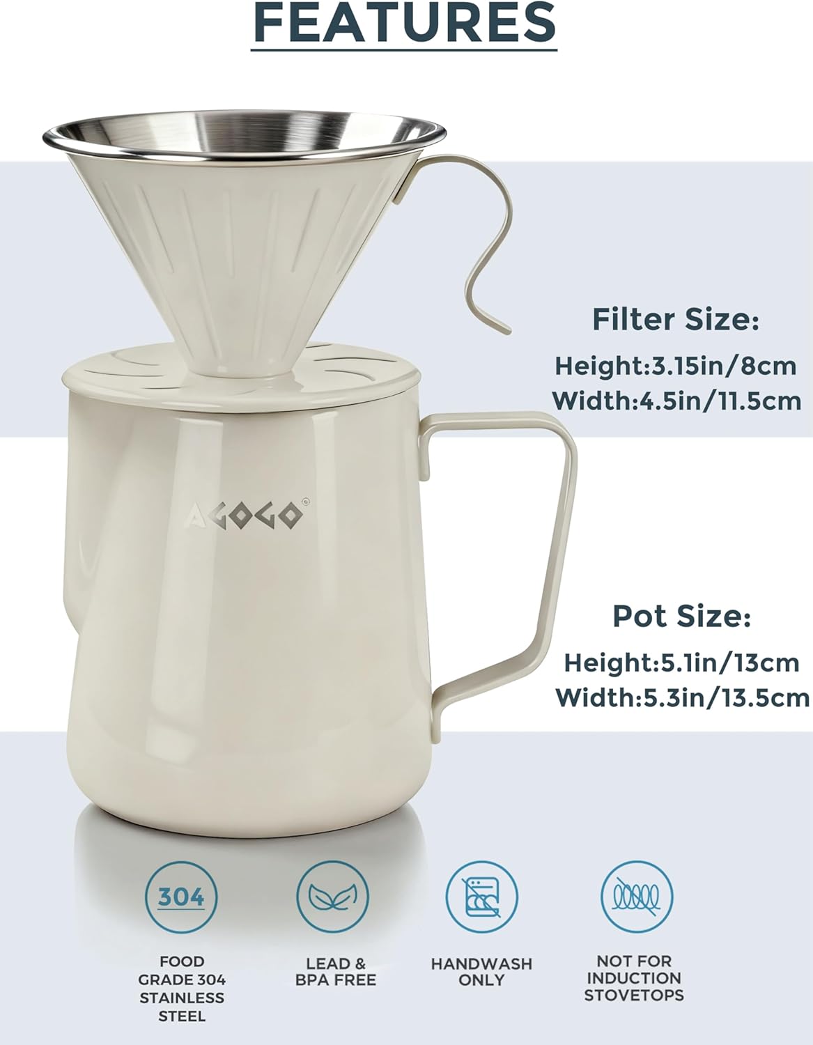 AGOGO Portable Pour Over Coffee Maker V60 Set - Easy Cleaning Compact 304 Stainless Steel Dripper for Camping & 50 Filters Paper & Barista Towel Cream 30oz/900ml