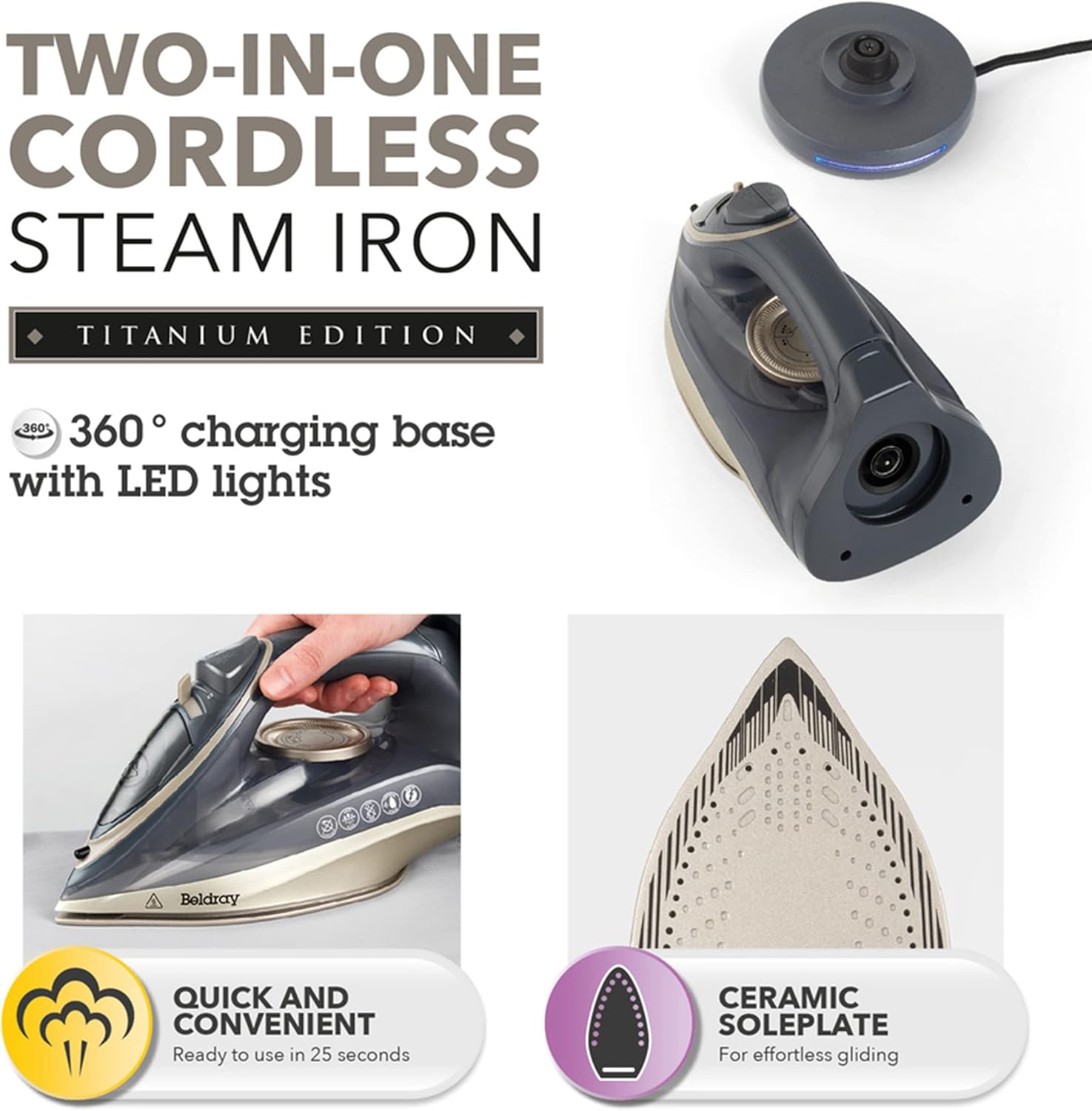 Beldray 2-in-1 Cordless Steam Iron on its charging base