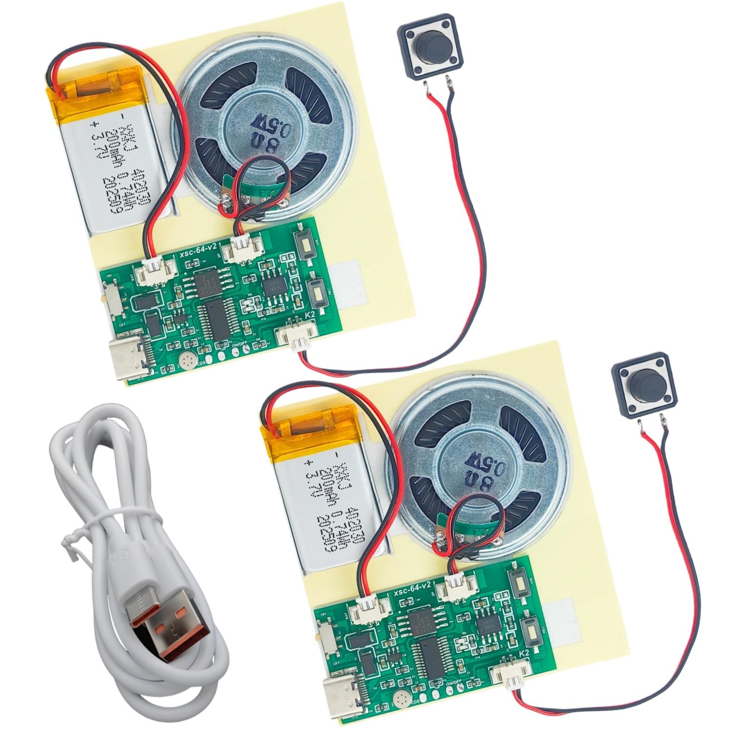 2pcs DIY Audio Recorder and Player kit,Record standalone or Download Music via USB Type-C,Compact Size, Includes PCB, Speaker, Battery, Buttons, for