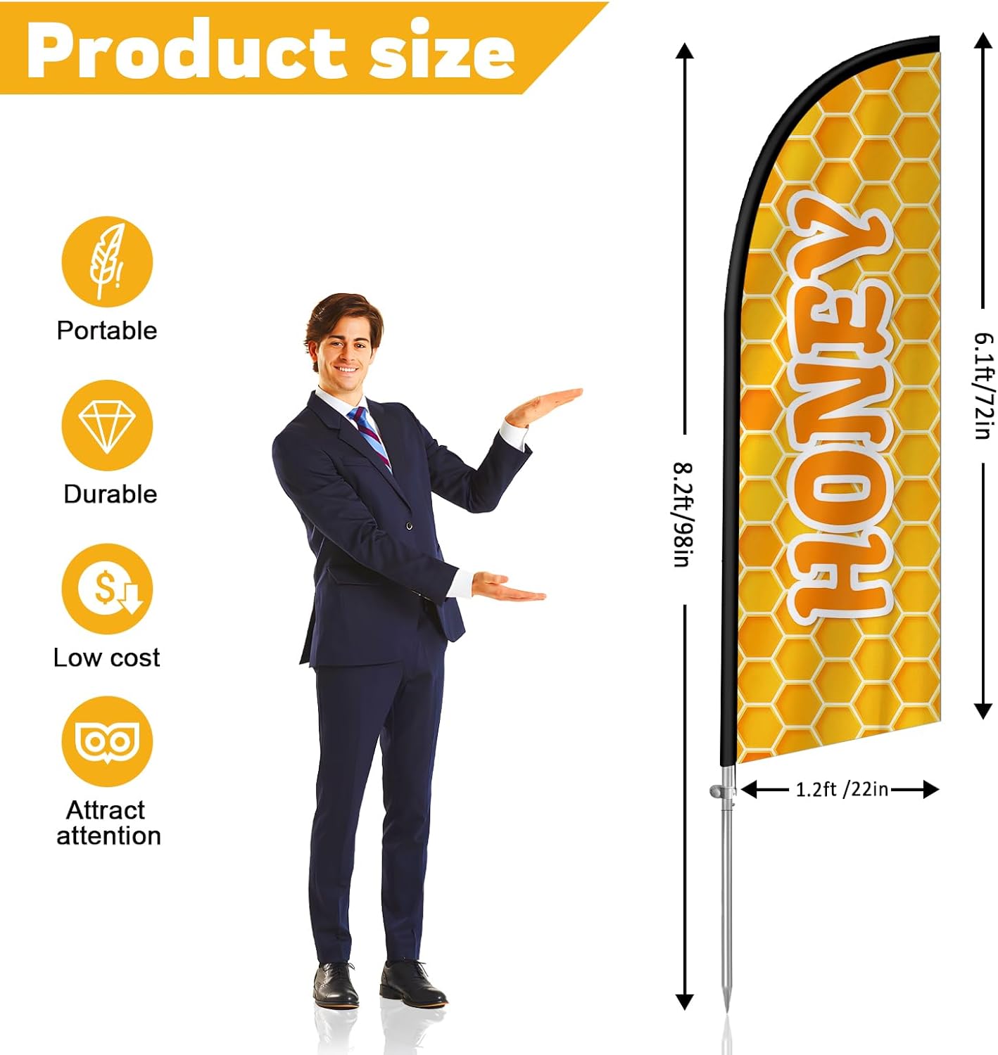 Honey Swooper Flag, 8FT Honey Signs for Business, Eye Catching Honey Advertising Banner with Stainless Steel Flagpole, Ground Stake and Polyester Flag