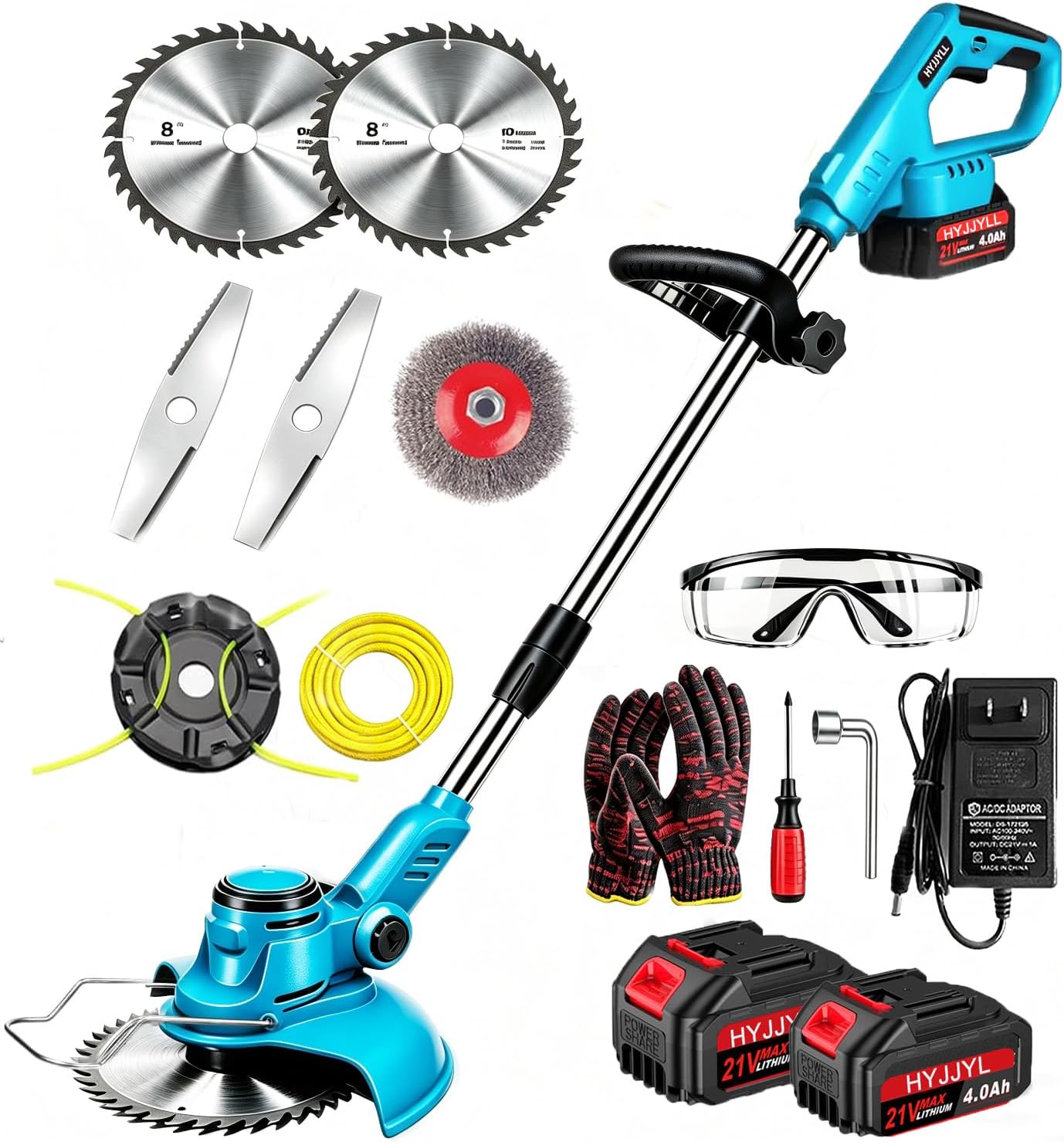 Brushless Weed Wacker‌, Electric Weed Eater Cordless, with 2×4.0Ah Battery Battery Powered Stringless Grass Trimmer, Lightweight Brush Cutter, with 4 Types Blades, Easy Assembly for Lawn Yard Garden