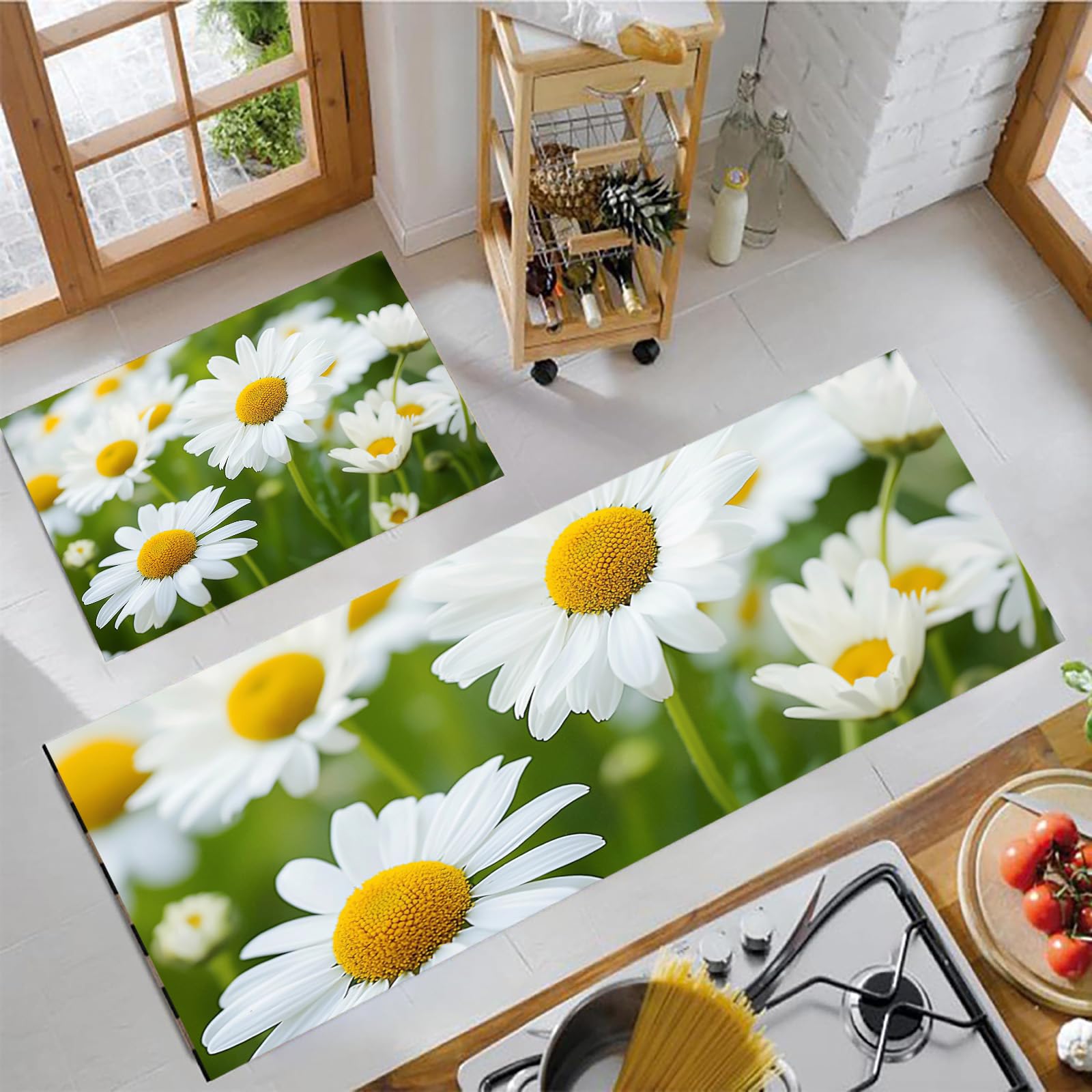 Tapetes de cocina antifatiga lavables que alivian la presión y decoran con flores amarillas