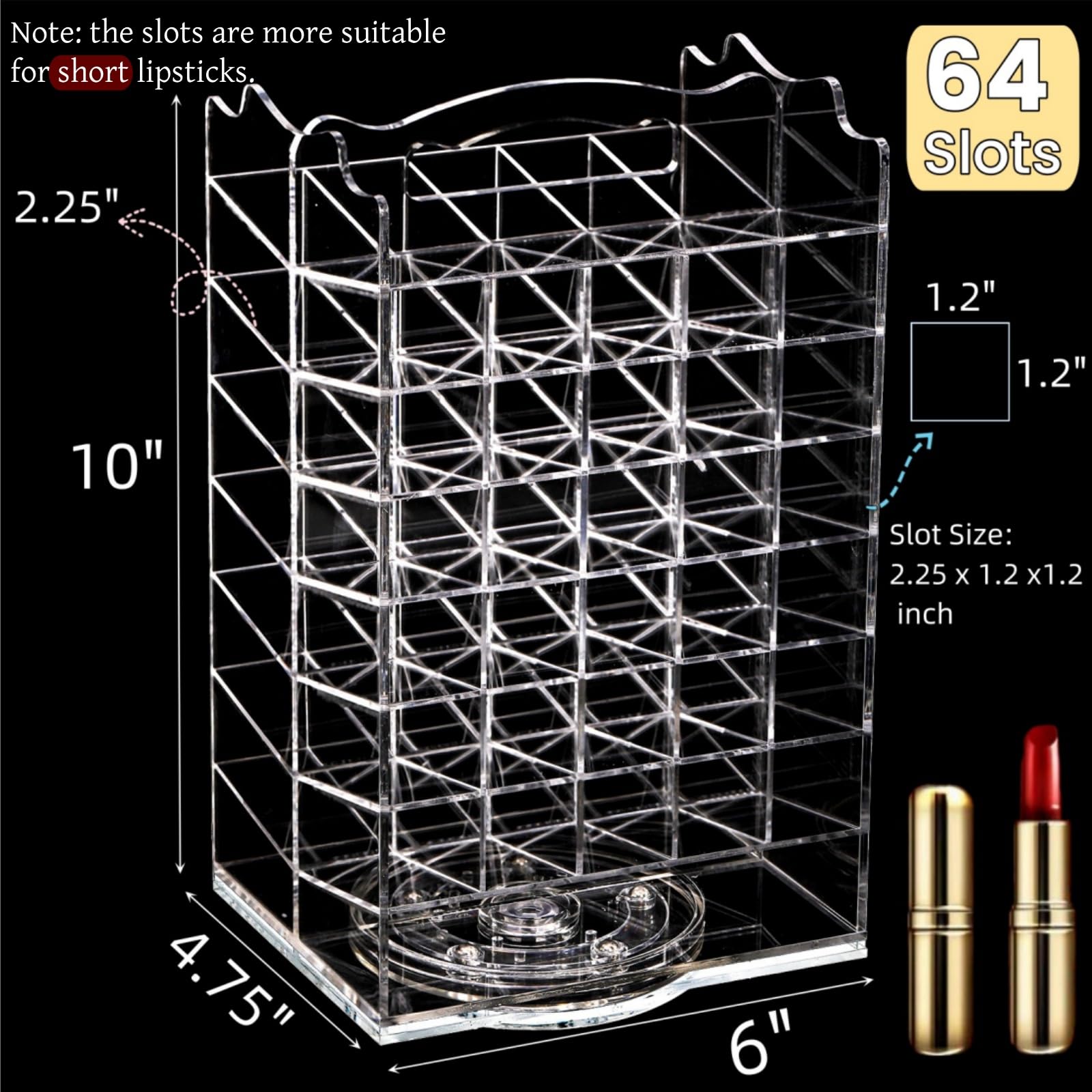 Tlence 64 Slots Rotating Lipstick Organizer, Acrylic Spinning Lipgloss Tower Holder, Clear Rotable Lip Gloss Organizer Case, Lip Stick Display Rack Stand, Cosmetic Makeup Accessories for Lip Balm