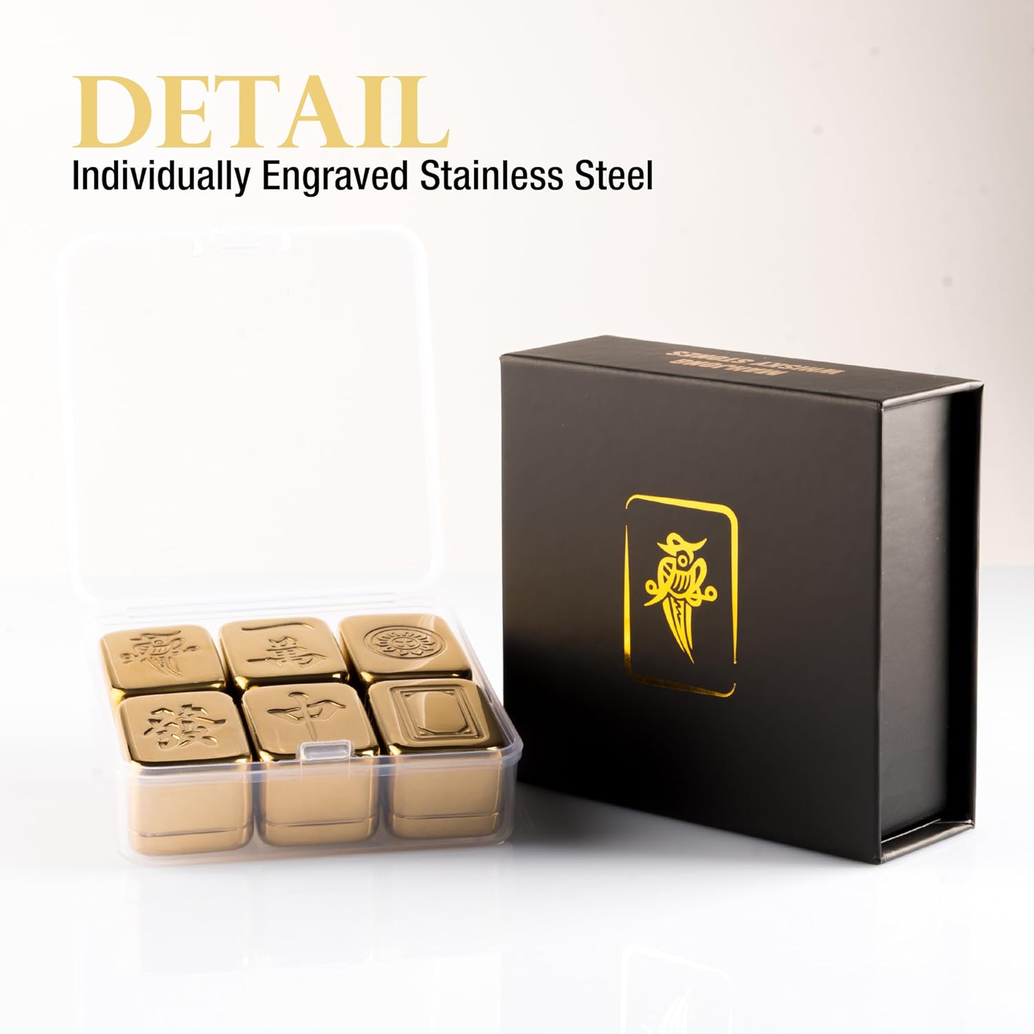 Mahjong Whisky Chilling Stones – Stainless Steel Ice Cubes (Set of 6) | Premium Gift for Whiskey, Bourbon, Scotch Lovers | Father's Day, Chinese New Year, Novelty Bar Accessory (Gold)