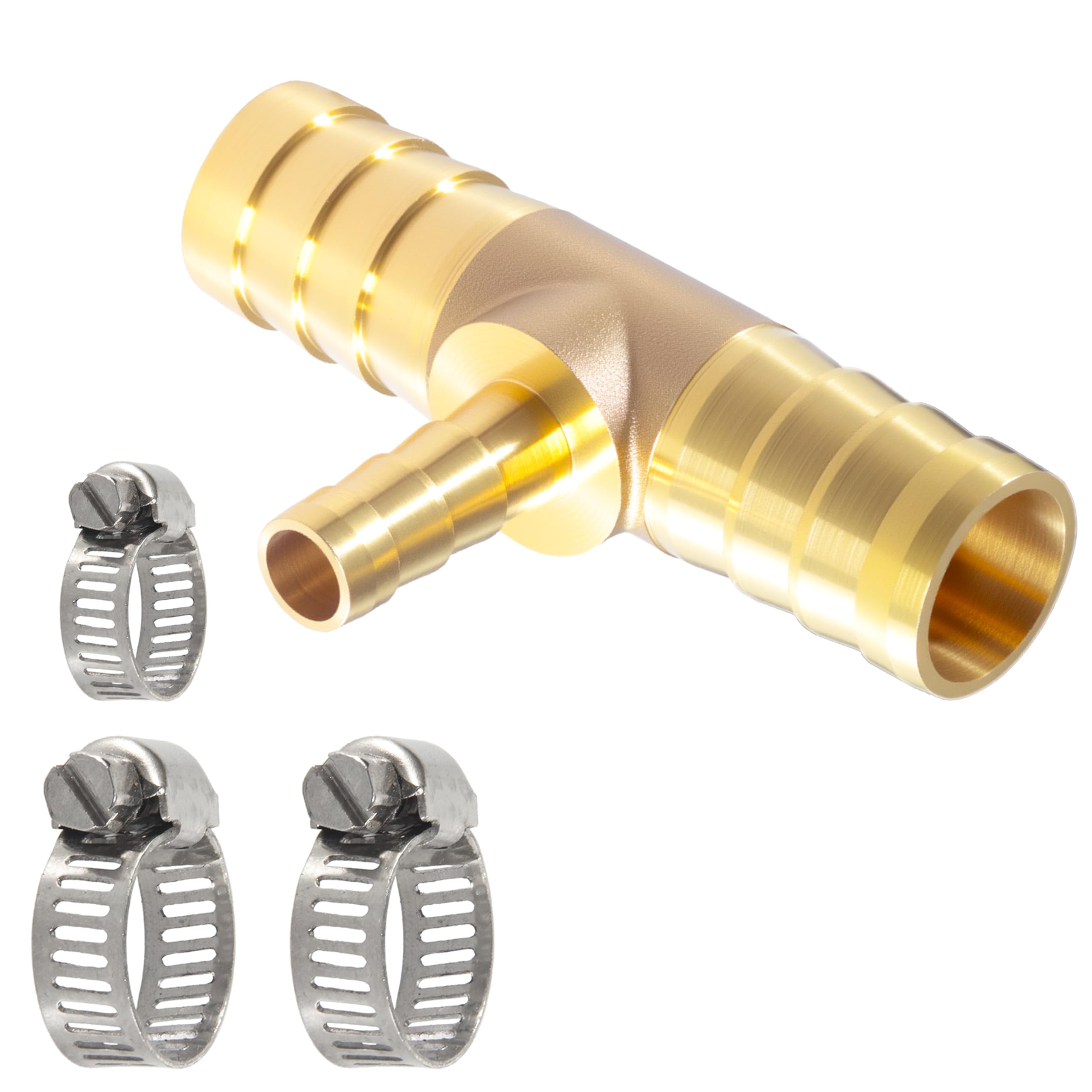 MSAEIQUN 5/8" X 5/16" X 5/8" Brab Reducing Tee Brass Barb Fittings with Stainless Steel Pipe Clamps for Gas/Fuel/Air