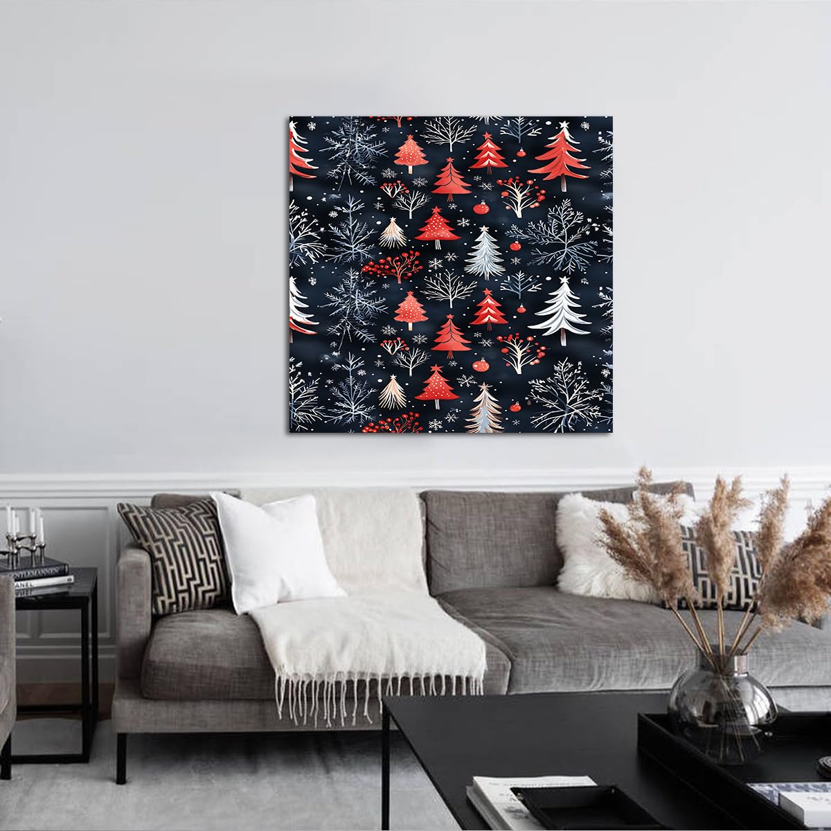 CHERHERART Czerwone i białe choinki płótno płótno płatek śniegu obrazy na płótnie wydruki do salonu dekoracja domu sypialni jadalni 65 x 65 cm rama wewnętrzna