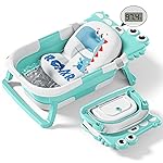 Collapsible Baby Bathtub for Newborn with Thermometer & 1 Soft Floating Cushion & Drain Hole, Foldable & Portable Travel Baby Bath Tub for Newborns to Toddlers 0-36 Months Boys, Cyan