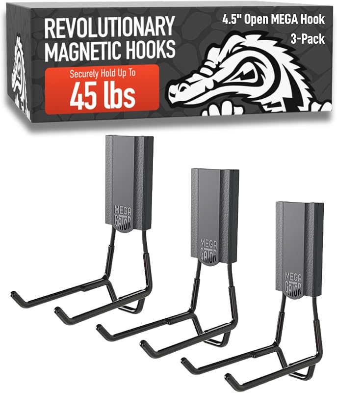 GATOR MAGNETICS MEGA 4.5 in Open Hooks, 45 lb Magnetic Hooks – 3 Pack | Patented Easy-Release, Non-Slip Grip. Works on steel cabinets, doors, garage, toolboxes, pole barns, utility vans & more.