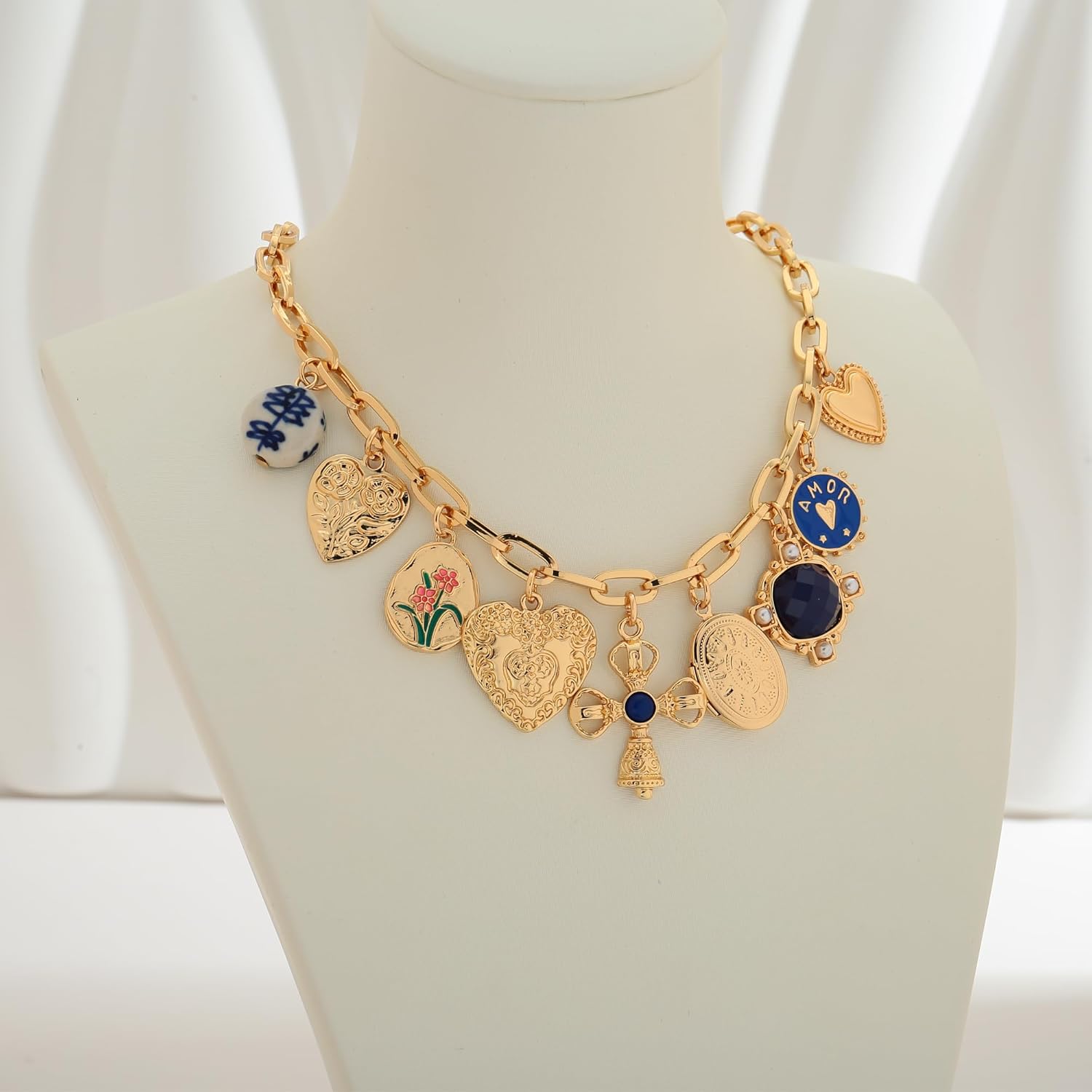 Chunky Gold Cross Necklace for Women, 9-Pendant Fashion Statement Jewelry Cross with Blue Gemstone & Hearts Fantasy Necklace Jewelry Gifts - Image 4