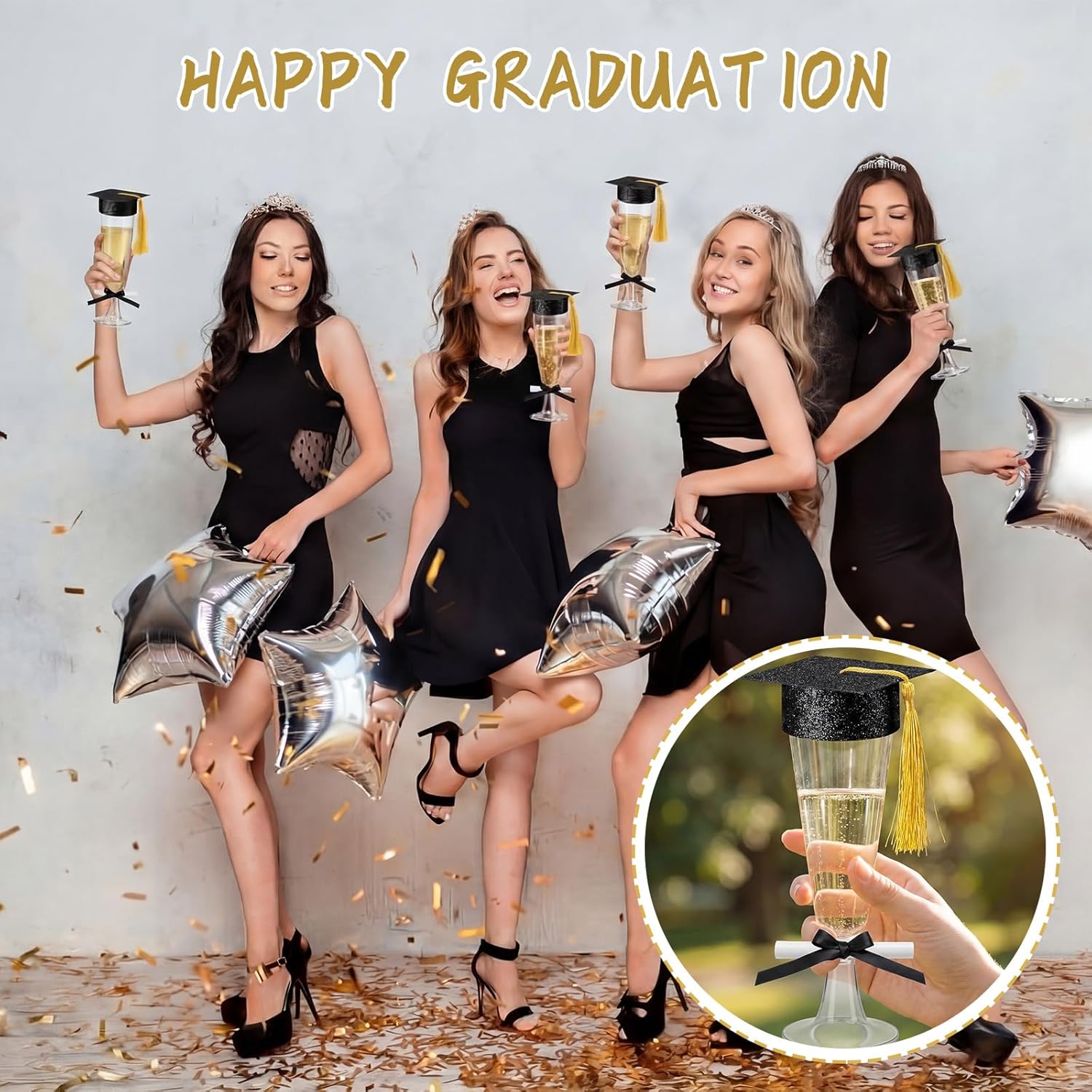 24 Sets 2026 Graduation Party Decoration Plastic Champagne Flutes Mini Grad Cap Bottle Toppers Goblet Covers with Tassel and Scroll Diploma Black Bow DIY Graduation Cap Favors for Table Decor
