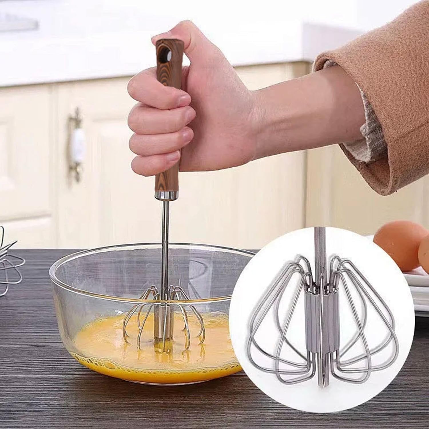 Stainless Steel Semi-Automatic Whisk Hand Push Rotary Whisk Blender with Wood Handle Egg Beater Hand Push Mixer Stirrer Egg Scrambler for Blending, Whisking, Frothing, Beating & Stirring (10in)