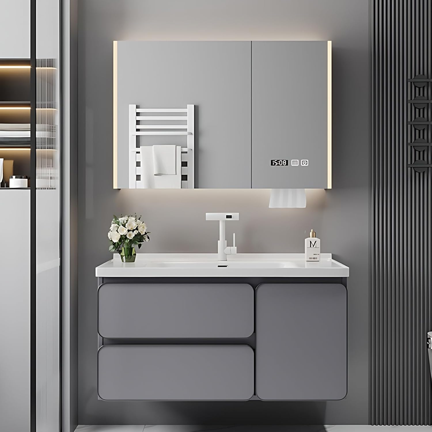 28in Fashion Bathroom Vanity - Gray Forward Bathroom Vanity Set & Single Sink, Comprising Smart LED Mirror Cabinet and Modern Pedestal Sink Cabinet, Tall Bathroom Storage Cabinet with 2 Soft Drawers