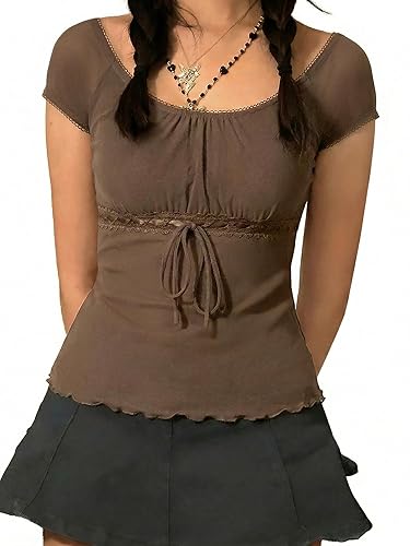 Y2K Mesh Top Women Babydoll Short Sleeve Shirt Scoop Neck