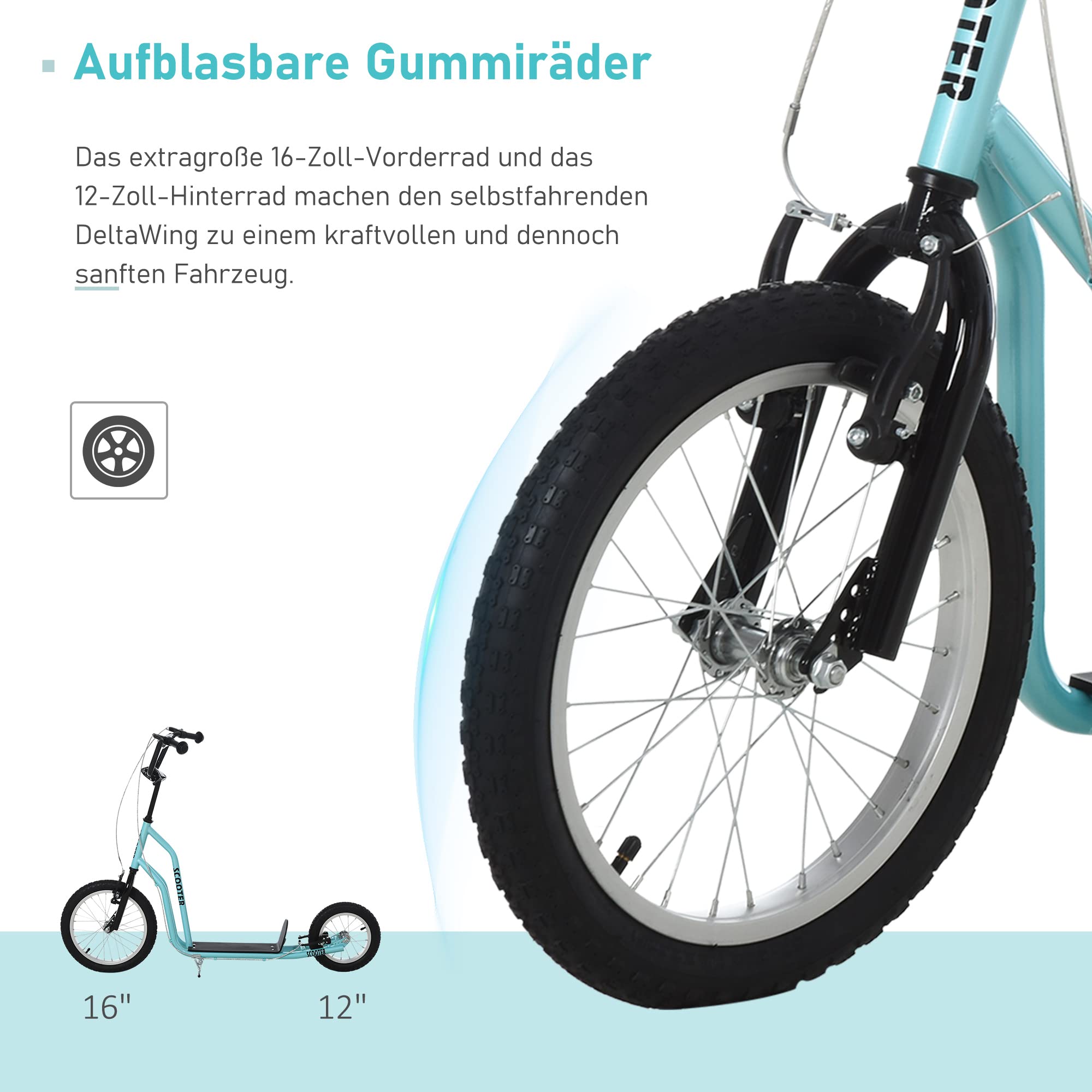 HOMCOM Kinderroller mit Verstellbarem Lenker Handbremse 16 Zoll | Großen Rädern, Kickscooter Cityroller, für Jungen und Mädchen ab 5 Jahre, Scooter Tretroller, Metall