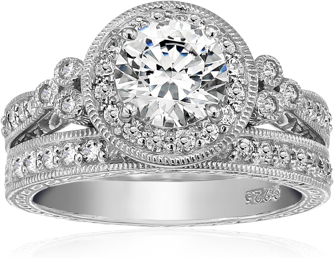 Platinum or Gold Plated Sterling Silver Antique Style Ring Set made with Swarovski Zirconia