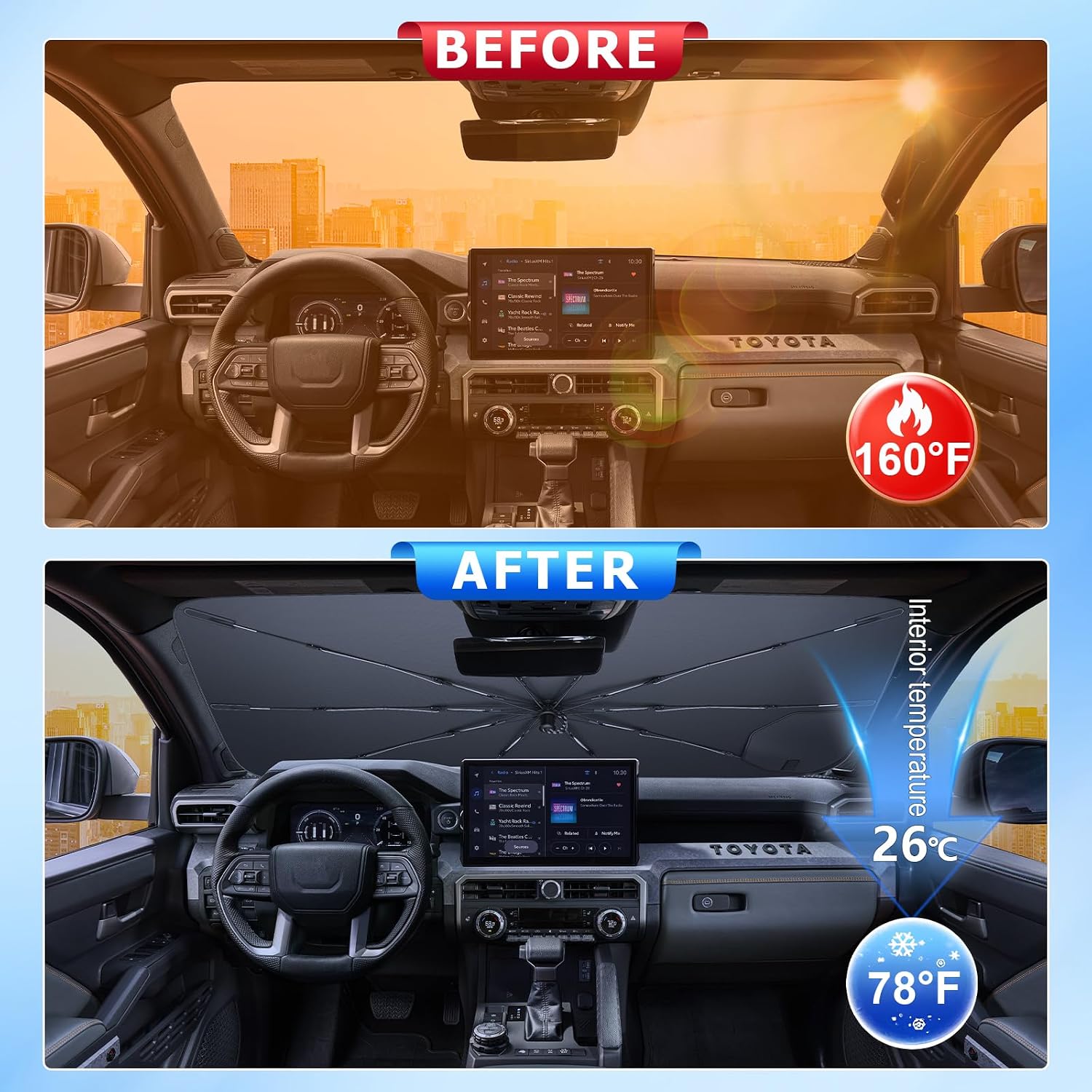 for Umbrella Sunshade for Car Windshield 2016-2026 Toyota Tacoma Custom Fit Windshield Sun Protector Cover 6-Layer Heat-Resistant Fabric, Ultra-Strong Fiberglass Frame (for 2016-2026 Tacoma)