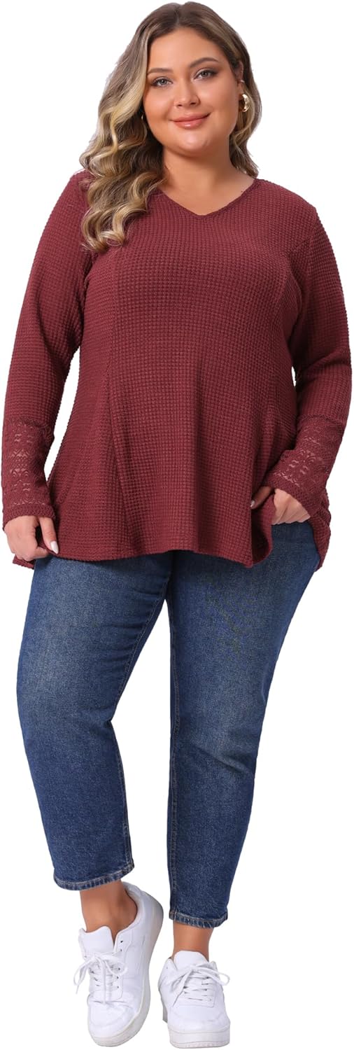 Agnes Orinda Plus Size Waffle Knit Tops for Women V Neck Lace Patchwork Long Sleeve Lightweight Flowy Blouse - Image 3