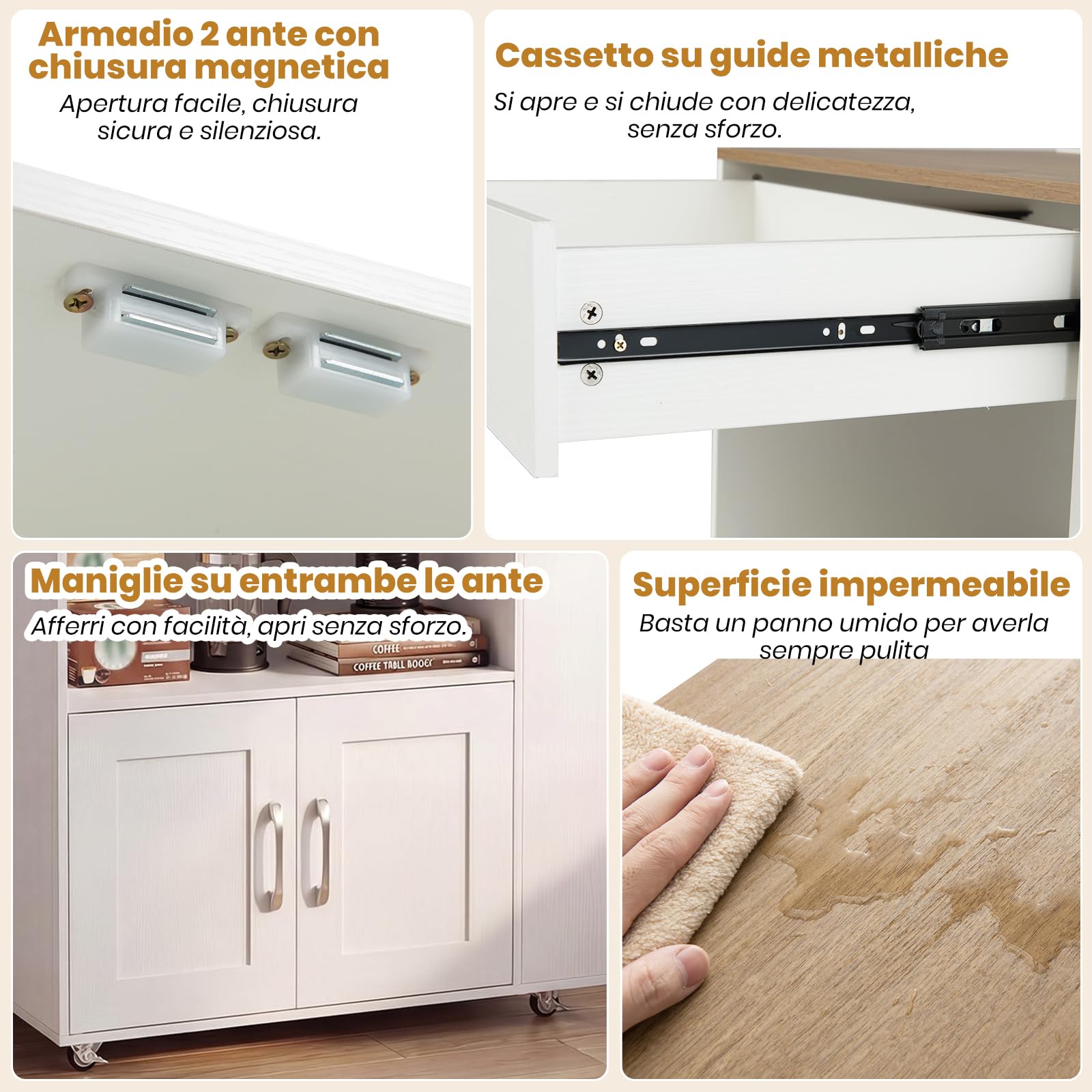 RELAX4LIFE Carrello Cucina Salvaspazio con Ruote PU 38mm, Cassetto e Armadio 2 Ante, 3 Ripiani Portaspezie Laterali, Piano Largo 75x46cm e Sottopiano Aperto per Microonde, Capacità 105kg