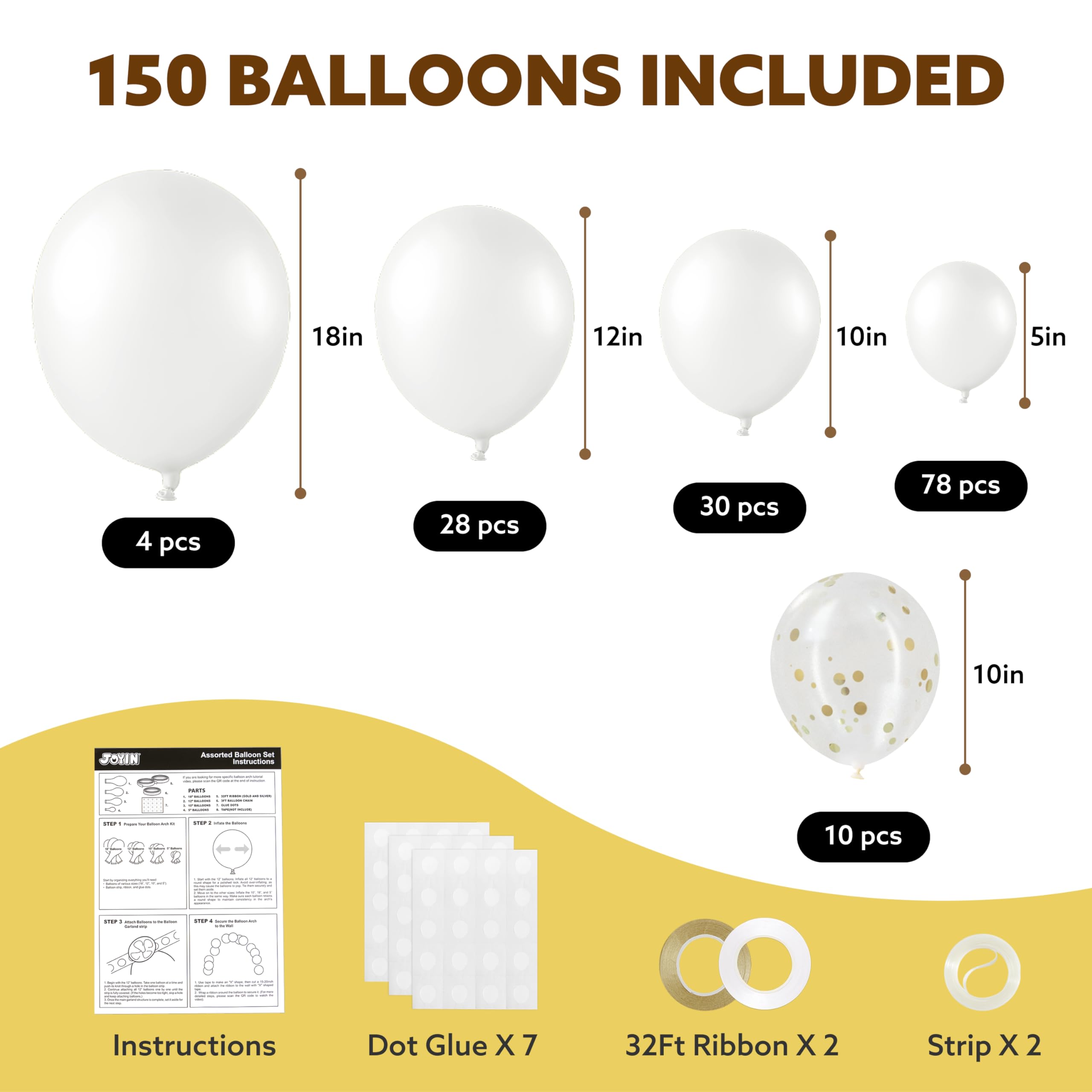 JOYIN 150 Pcs White Balloons, Different Sizes 18 12 10 5 Inch White Latex Balloon Arch Kit with Instruction for Birthday Decoration Party Graduation Wedding Holiday