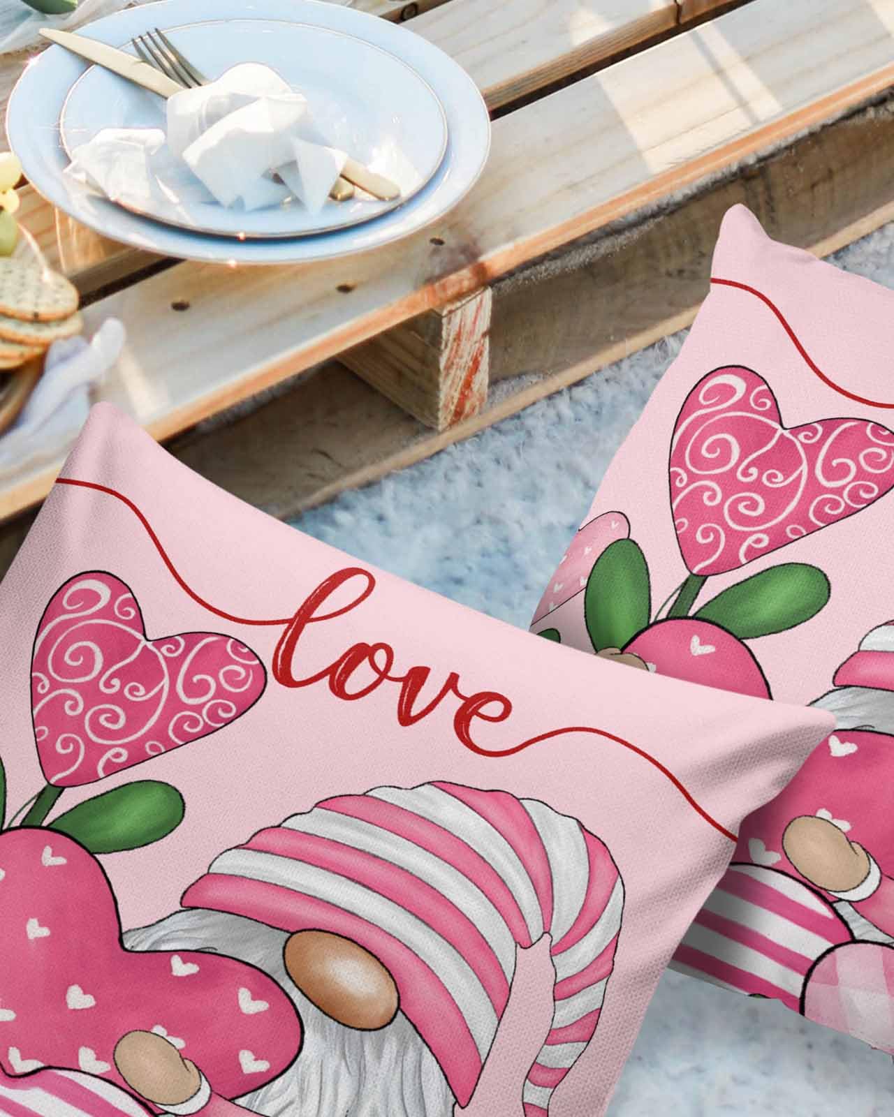 LBDecor Outdoor Throw Pillow Covers 24x24 Waterproof Romantic Valentine Outdoor Pillows Decorative Pillow Covers Cushion Covers Pillowcase for Tent Patio Garden Couch Set of 2, Pink Cute Gnome