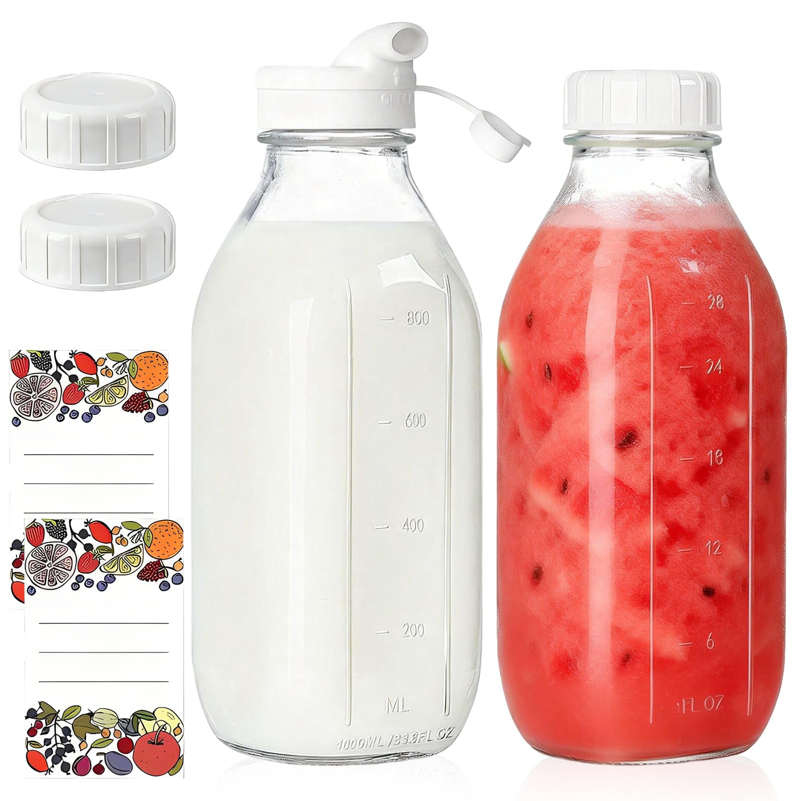 Lot De 2 Bouteilles De Lait En Verre, Bouteilles Carrées En Verre, Carafe À Lait, Avec Couvercles Hermétiques, 1 Litre, Réutilisables Pour Le Stockage Du Lait, Du Jus, Du Miel, De L'eau, Transparent