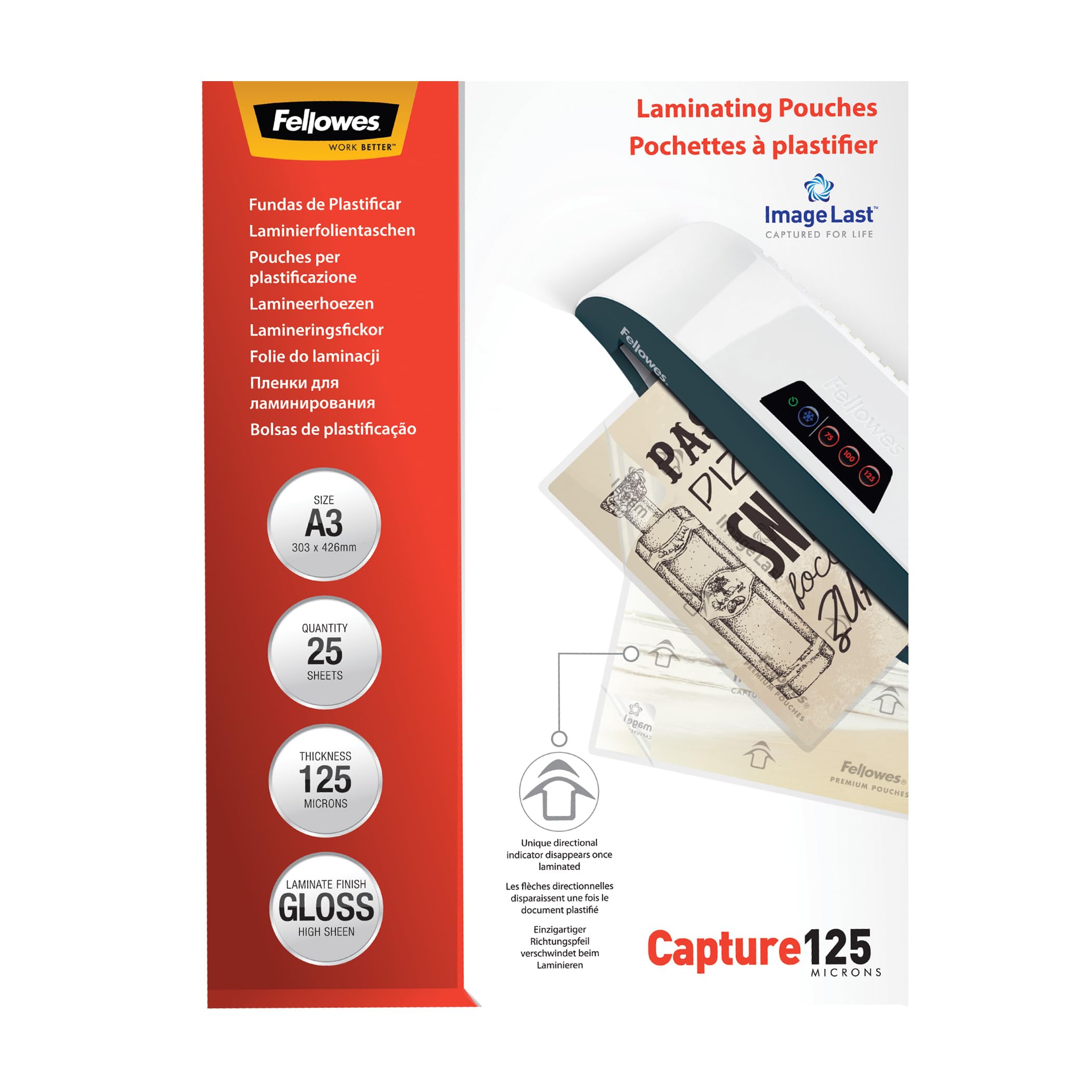 Fellowes A3 Laminating Pouches, Gloss Finish, 25 Sheets, 250 Micron (2 x 125) Clear & Durable Lamination Pouch with Image Last Directional Mark - Ideal for Photos & Notices