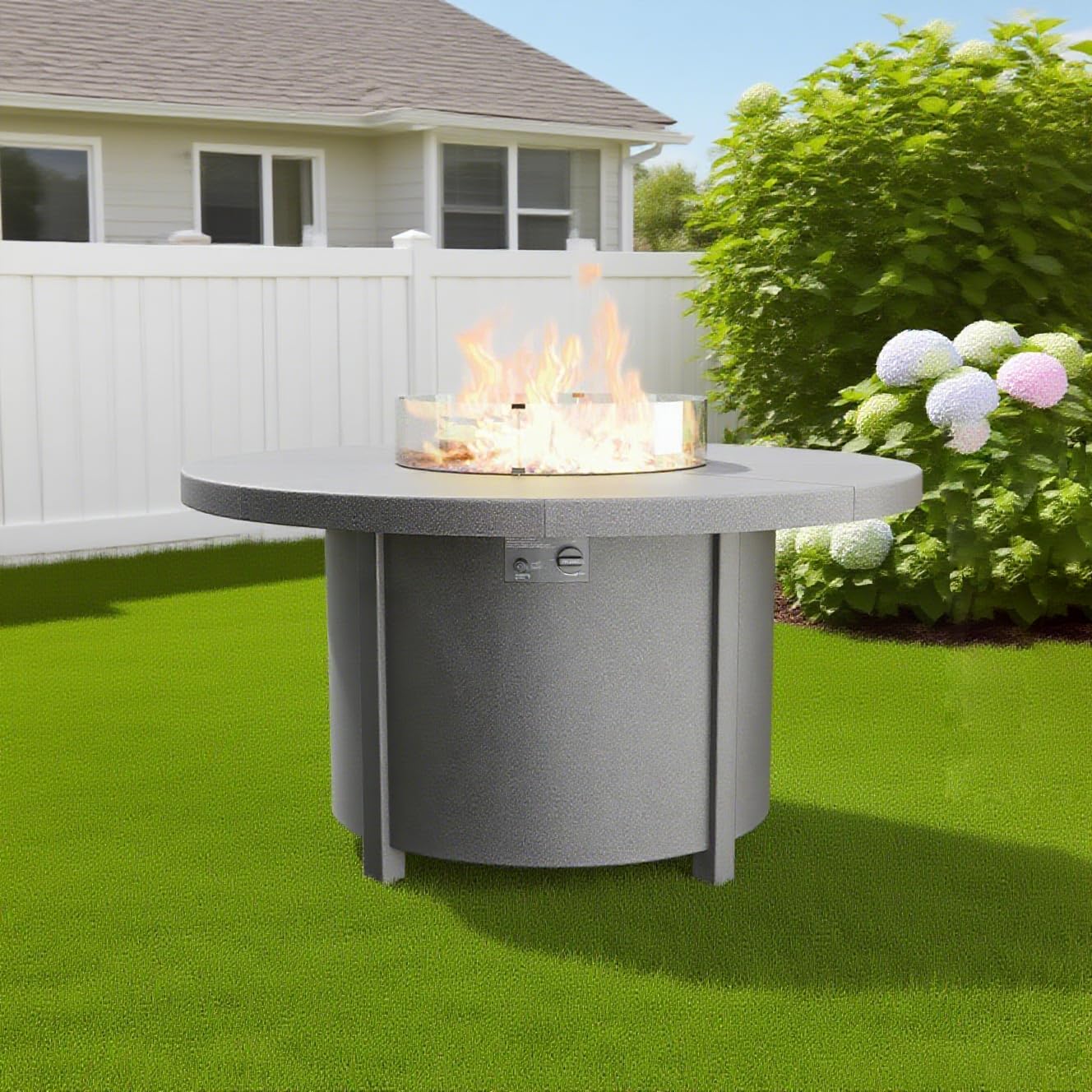 48" Round Propane Fire Pit Table with Lid, 40,000 BTU Outdoor Gas Fire Pits CSA Certified for Outside Steel Tabletop Fire Pit with Blue Glass Rock&Windshield Glass for for Patio, Balcony,Garden
