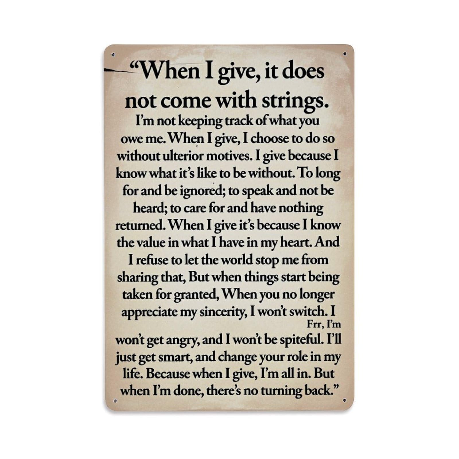 Enderetf Vintage When I Give It Does Not Come With Strings Tin Sign Metal Poster, Home Bar Garage Man Cave Cafe Indoor & Outdoor Wall Decoration 8X12inches