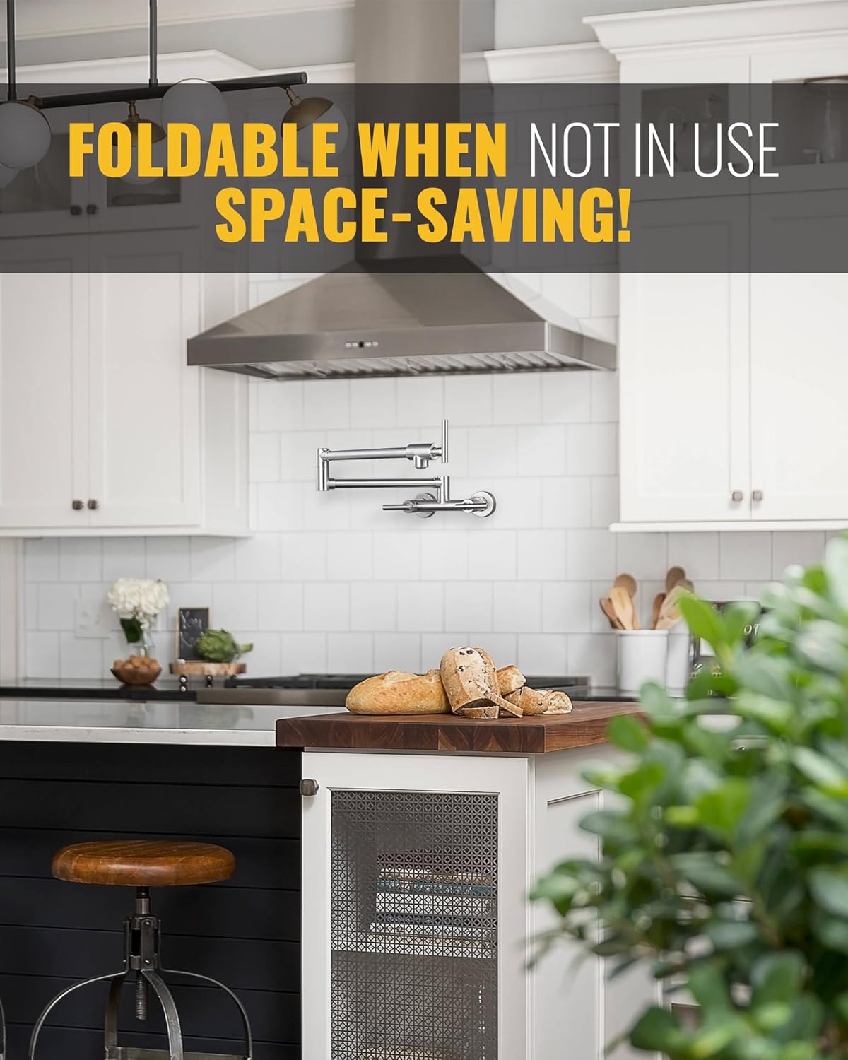 WOWOW Pot Filler Faucet Wall Mount Brushed Nickel Commercial Kitchen Sink Faucets for Both Hot and Cold Water Solid Brass Folding Faucet with Double Joint Swing Arm