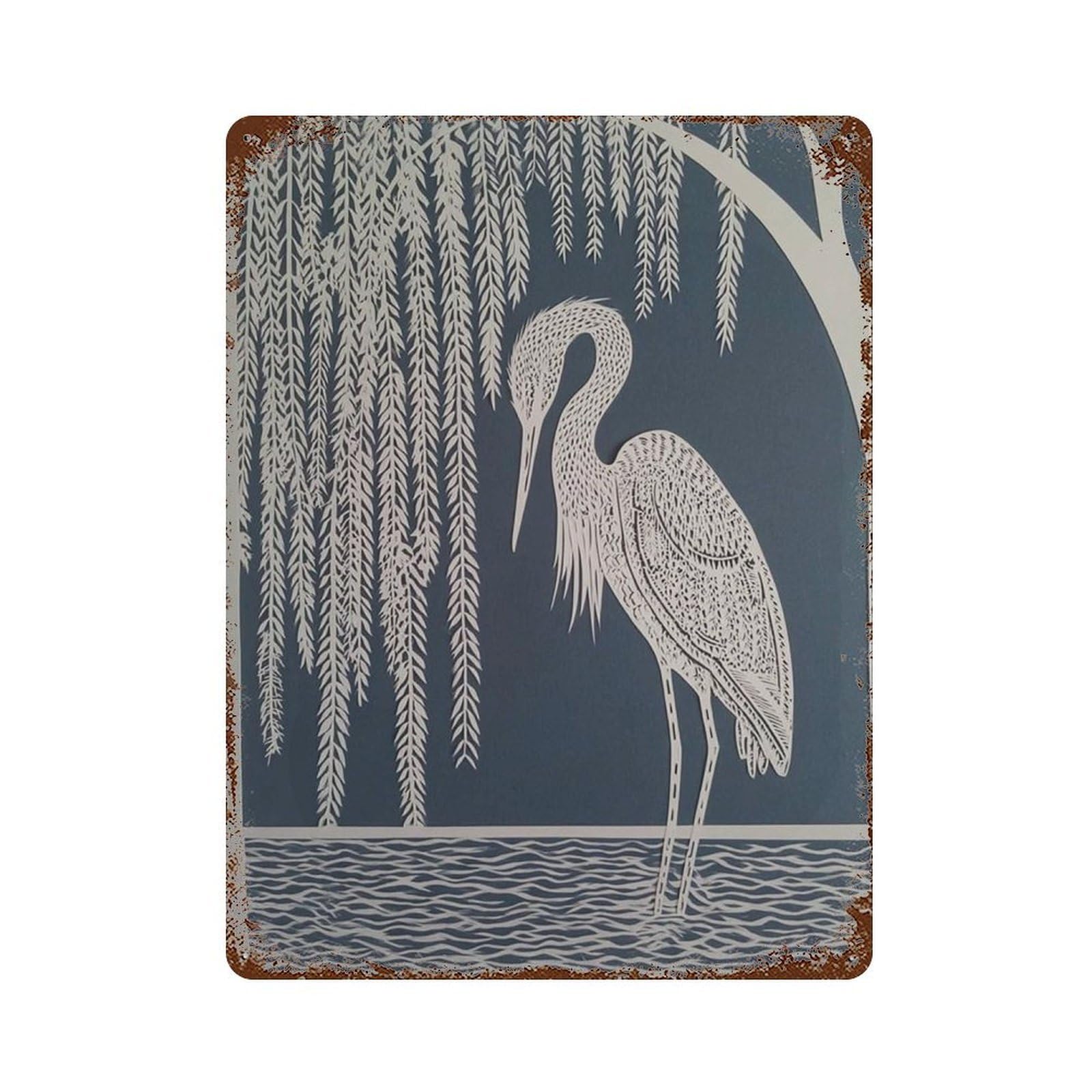 xiaoxiaoshen Heron Japanese Minimalist Bird Elegant Nature Blue Botanical Modern Wildlife Wall Decor Art Metal Tin Poster Modern Home Decor Art Home Bar Shop Decorations Vintage Sign 40x30cm