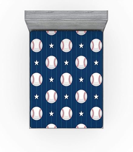 Miniatura 2 de Ambesonne Sábana bajera deportiva, patrones de béisbol sobre fondo de rayas verticales, diseño de estrellas, ropa de cama de tela decorativa suave,